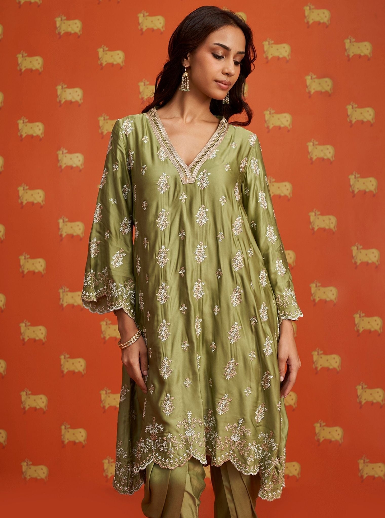 Callaia Cupro Satin Moss Green Kurta Set