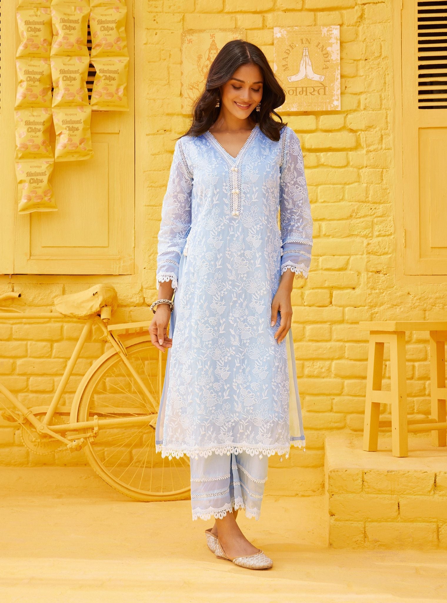 Cahya Organza Light Blue Kurta Set