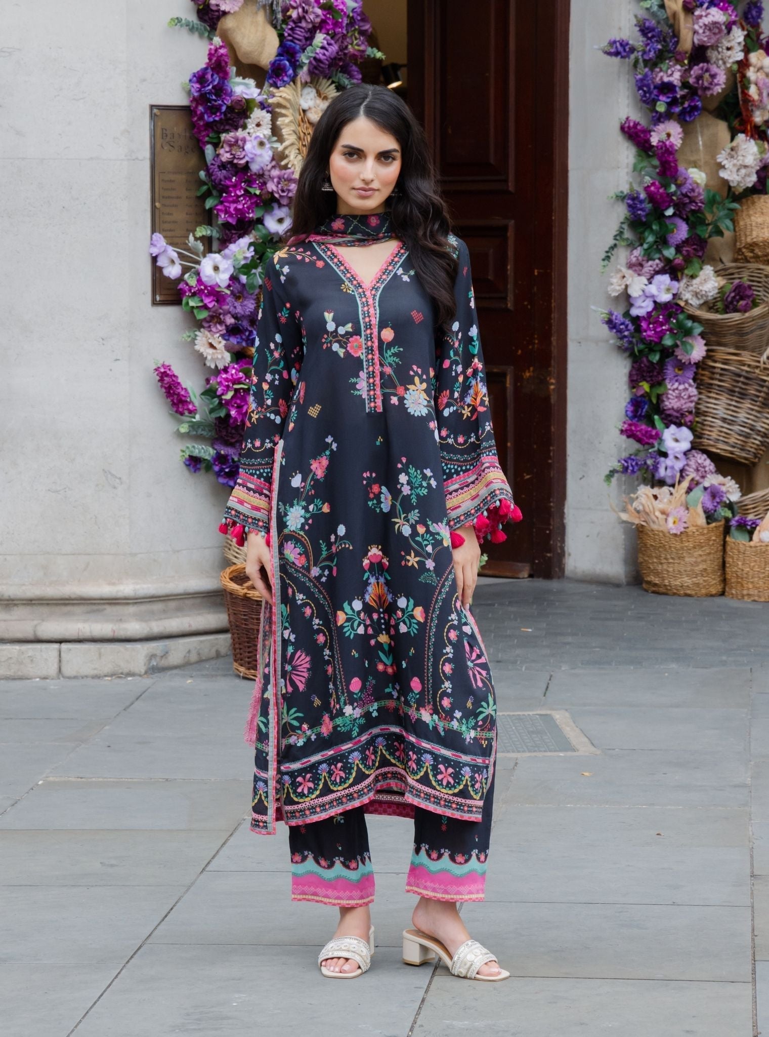 Saeli Lawn Printed Black Kurta Set
