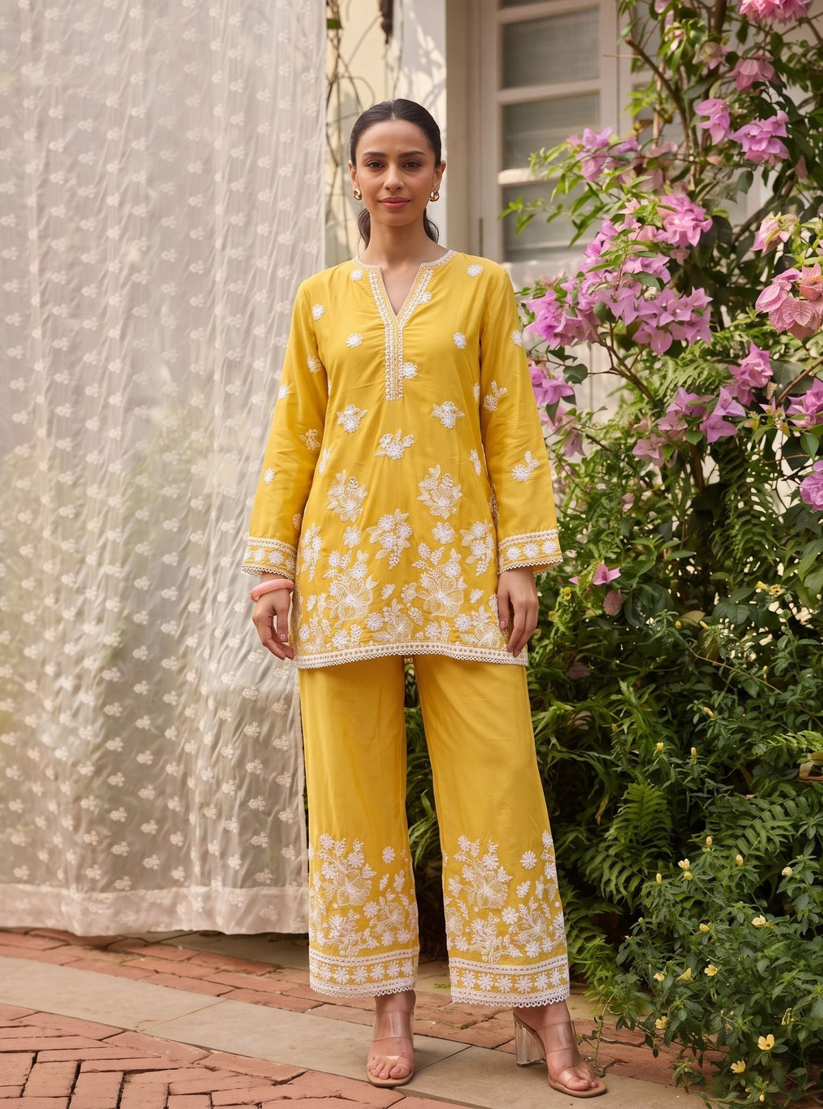 Kalani Supima Cotton Yellow With White Emb Co-ord Set