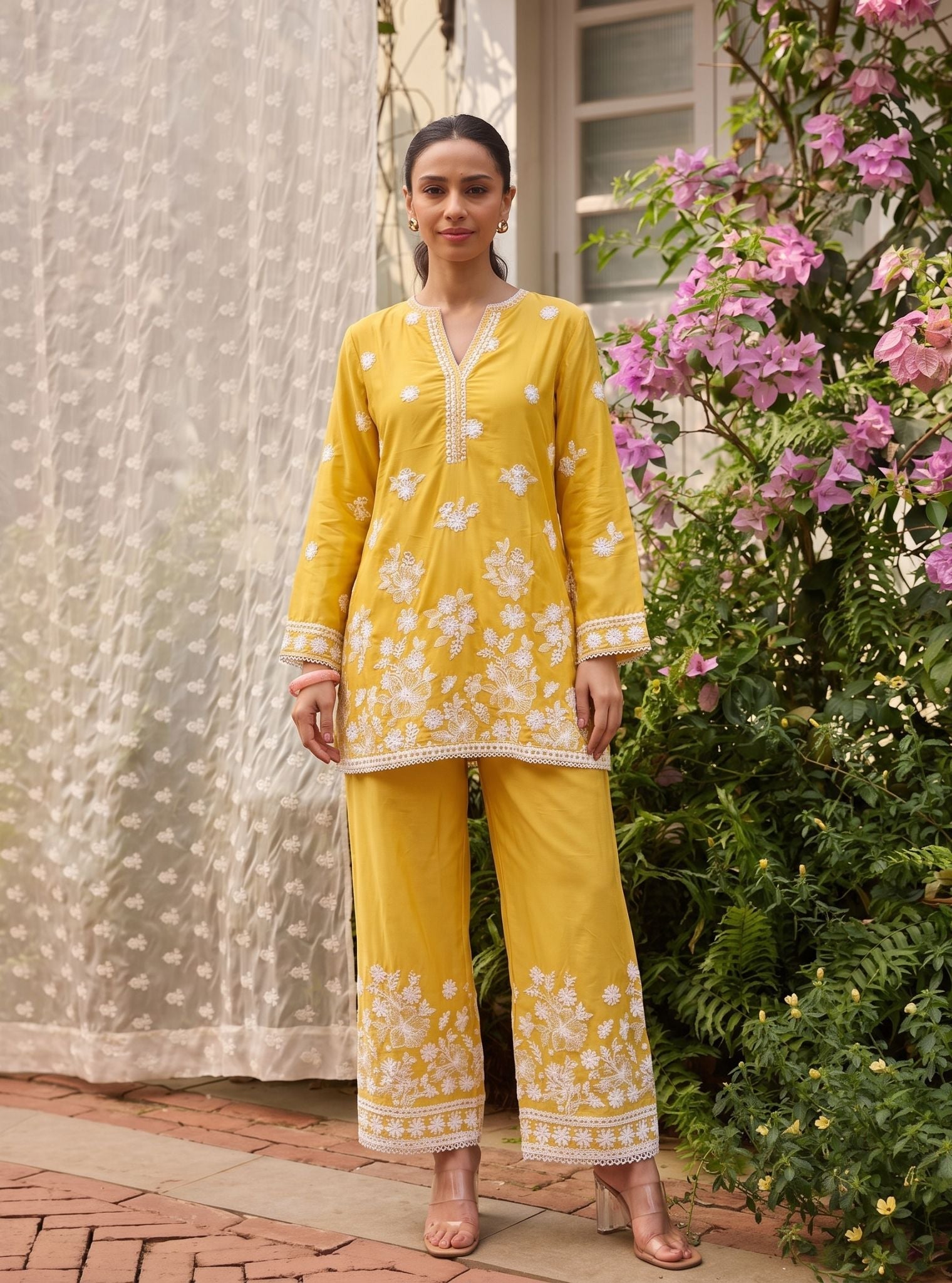 Kalani Supima Cotton Yellow With White Emb Co-ord Set