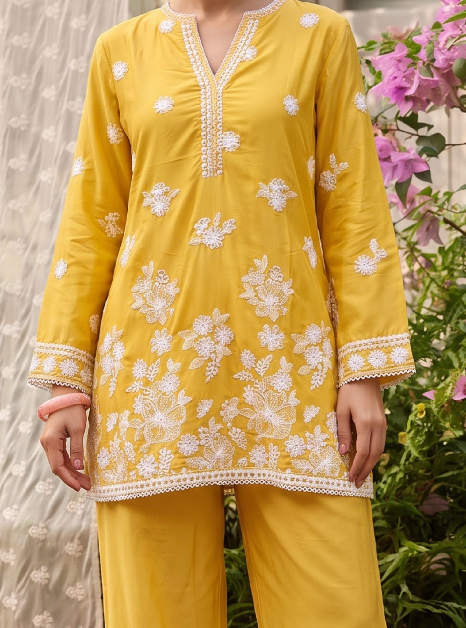 Kalani Supima Cotton Yellow With White Emb Co-ord Set