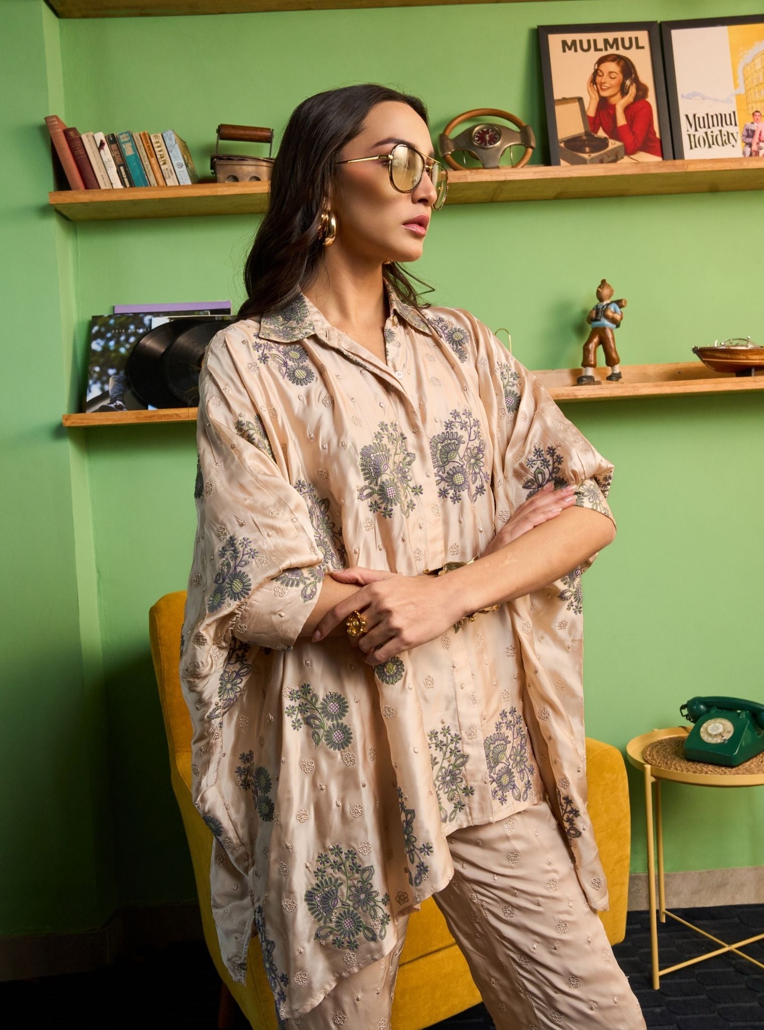 Siyaahi Cupro Satin Champagne Embroidery Shirt Set