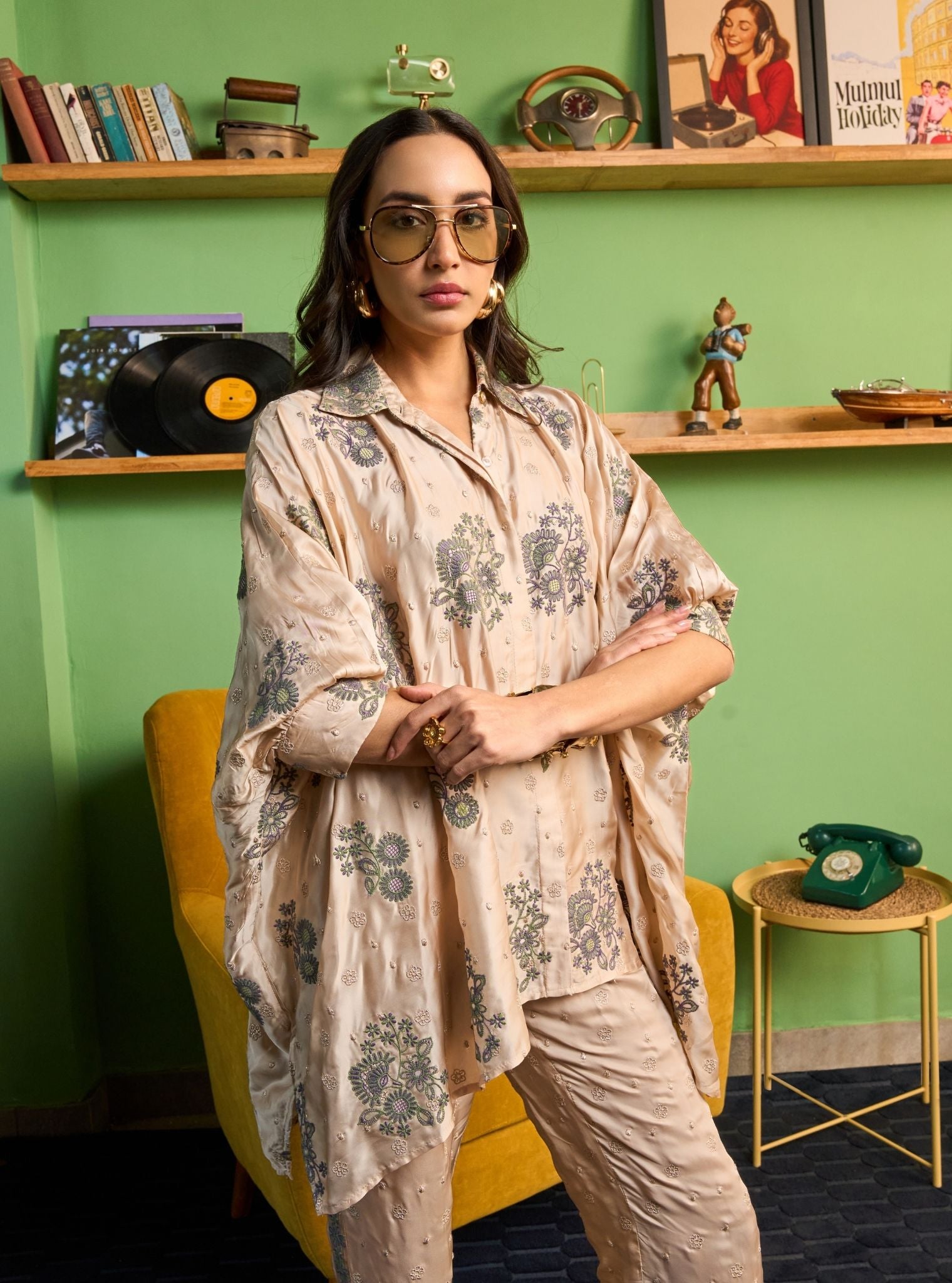 Siyaahi Cupro Satin Champagne Emebroidery Shirt Set