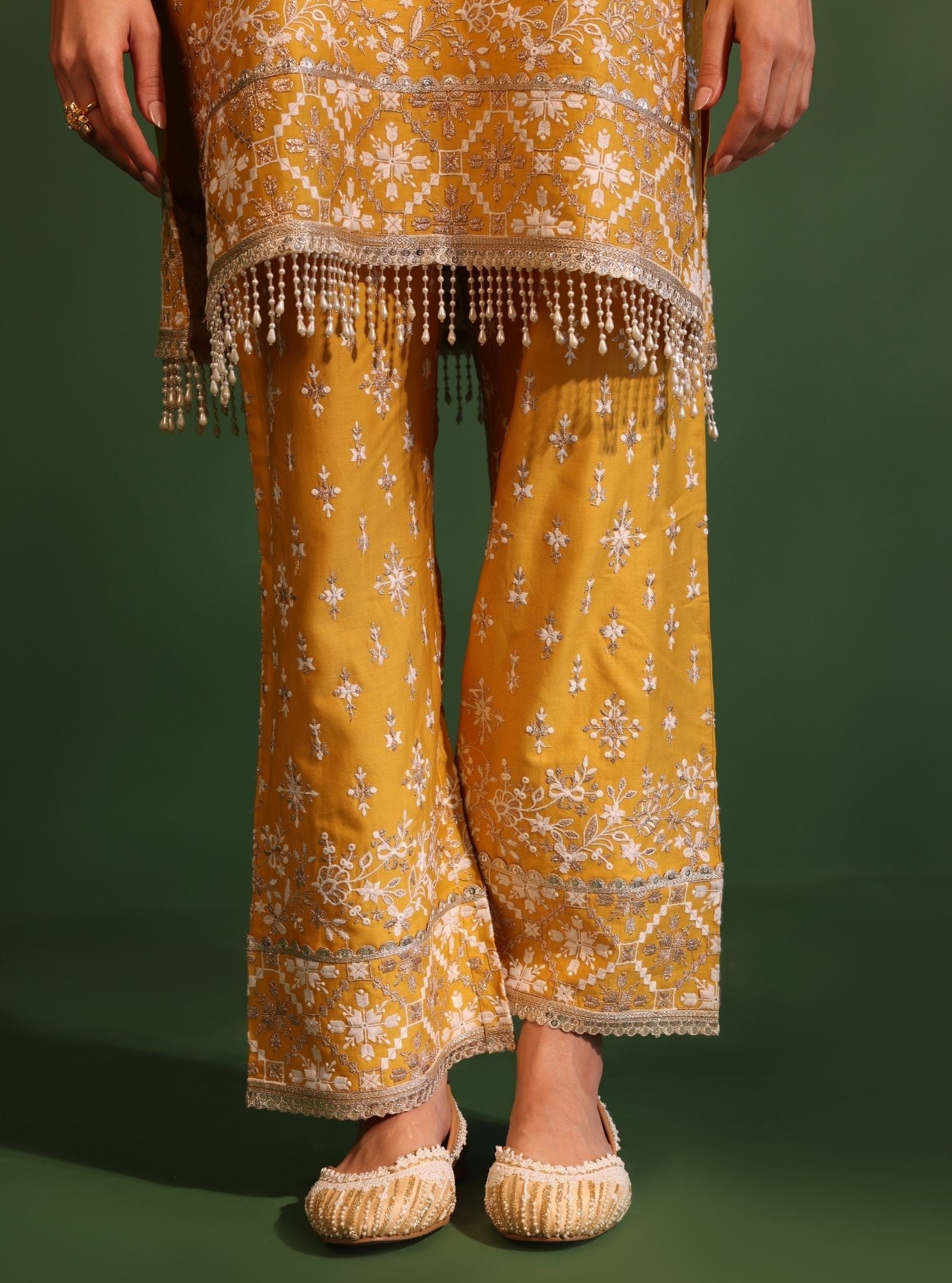 Kalander Pima Satin Yellow Kurta Set