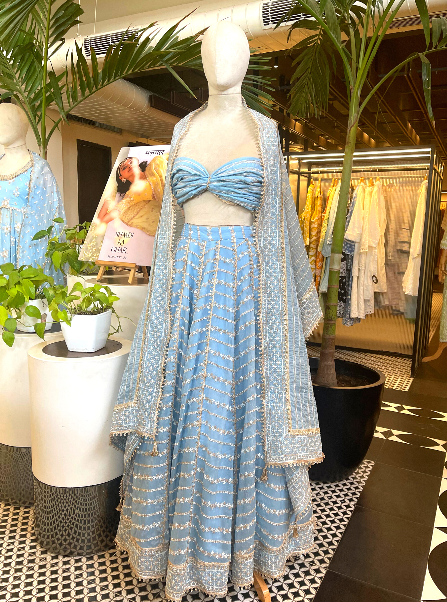 Gulmohar Organza Blue Lehenga