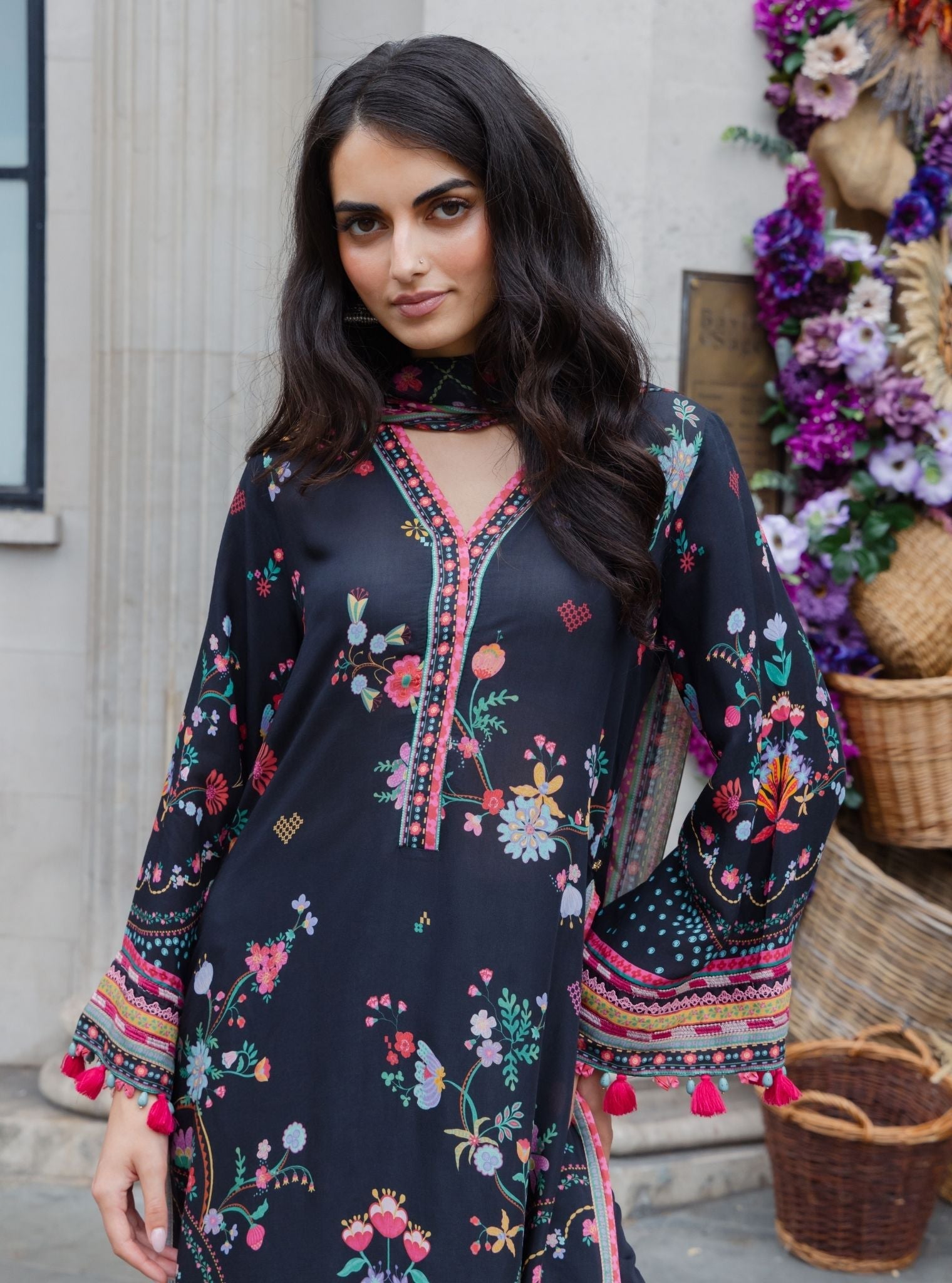 Saeli Lawn Printed Black Kurta Set
