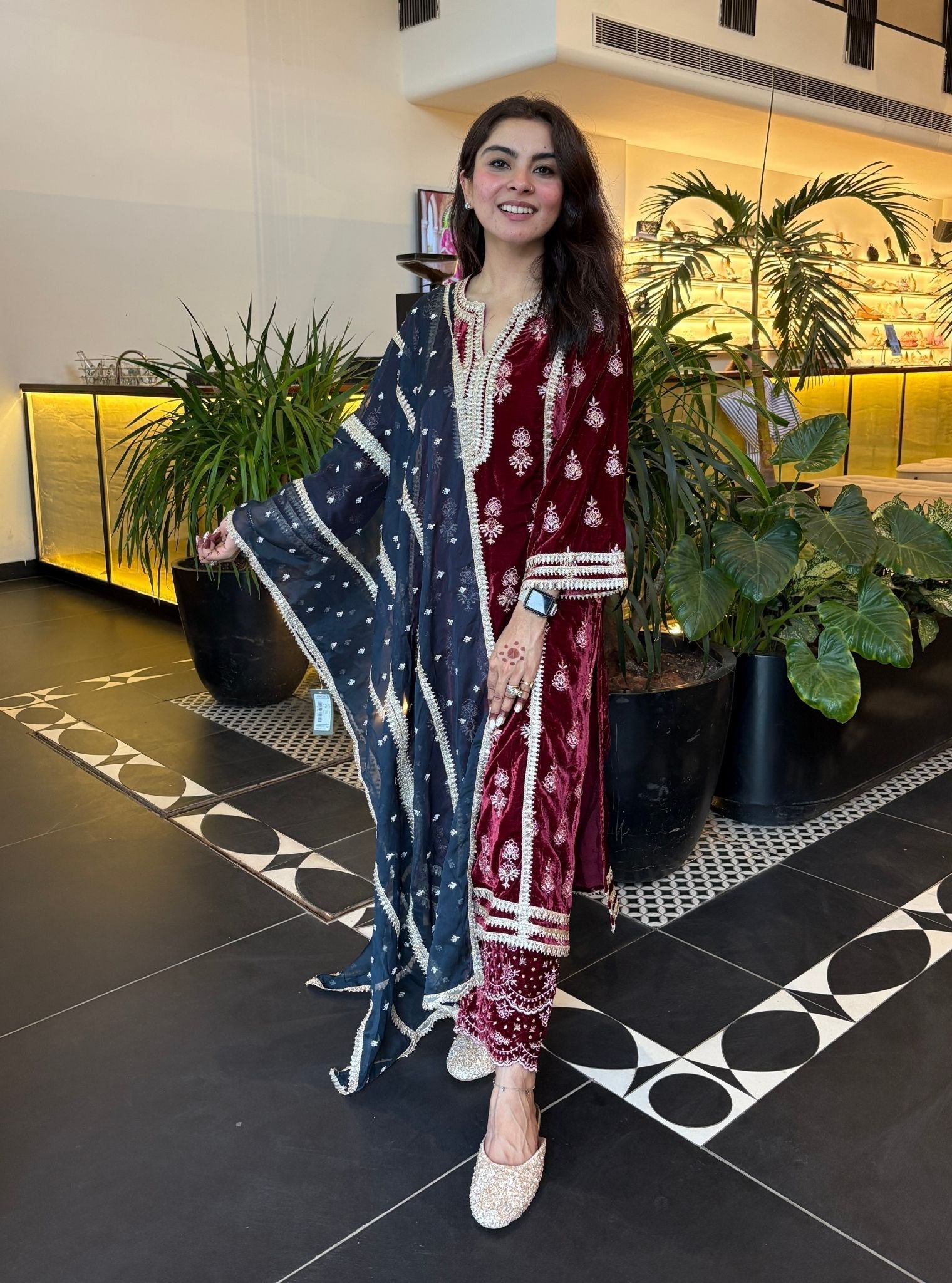 Kumani Velvet Wine Kurta Set