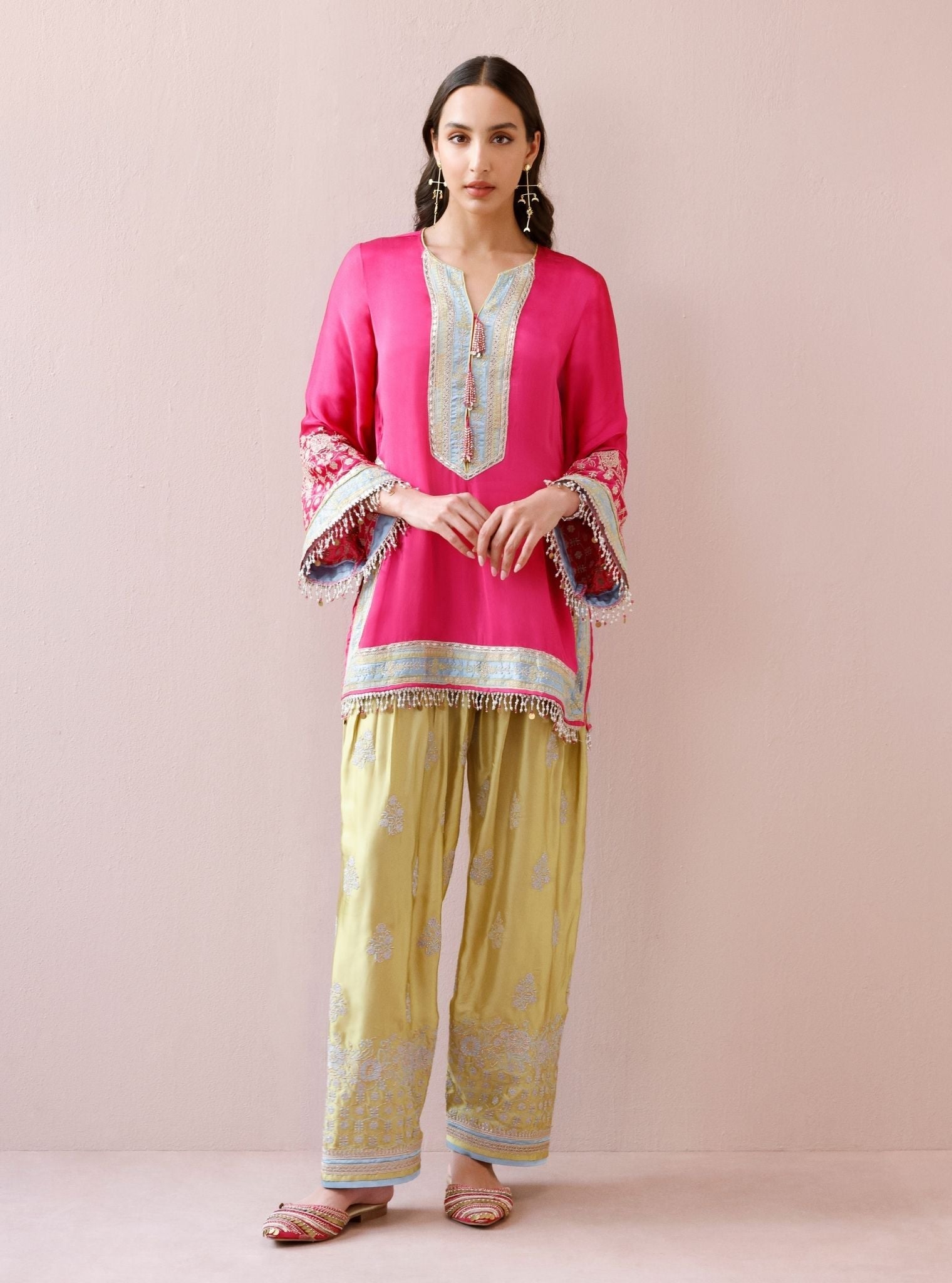 Shvi Cupro Satin Fuchsia Kurta With Farshi Salwar