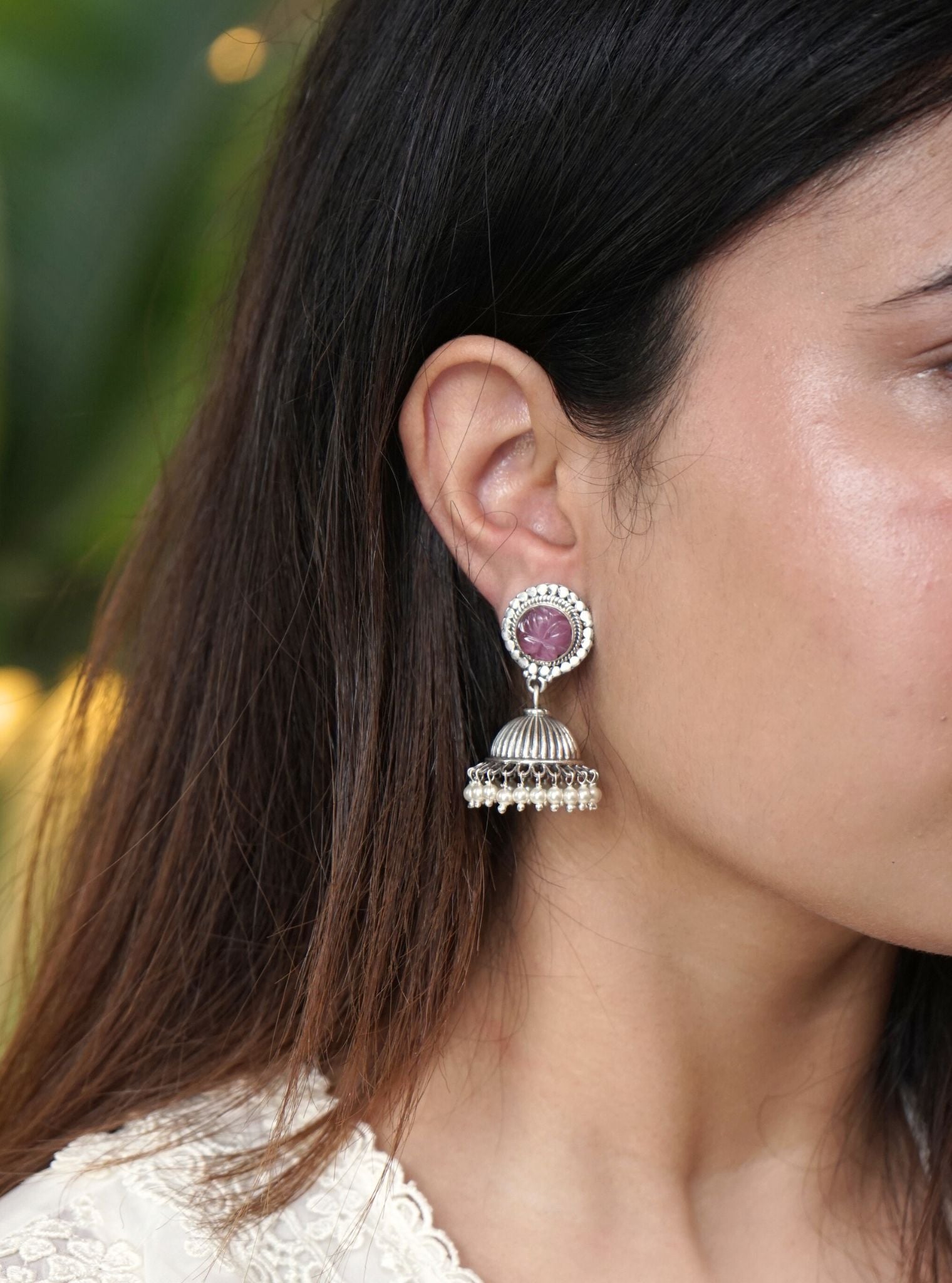 Pure Silver Saachi Jhumki Pink