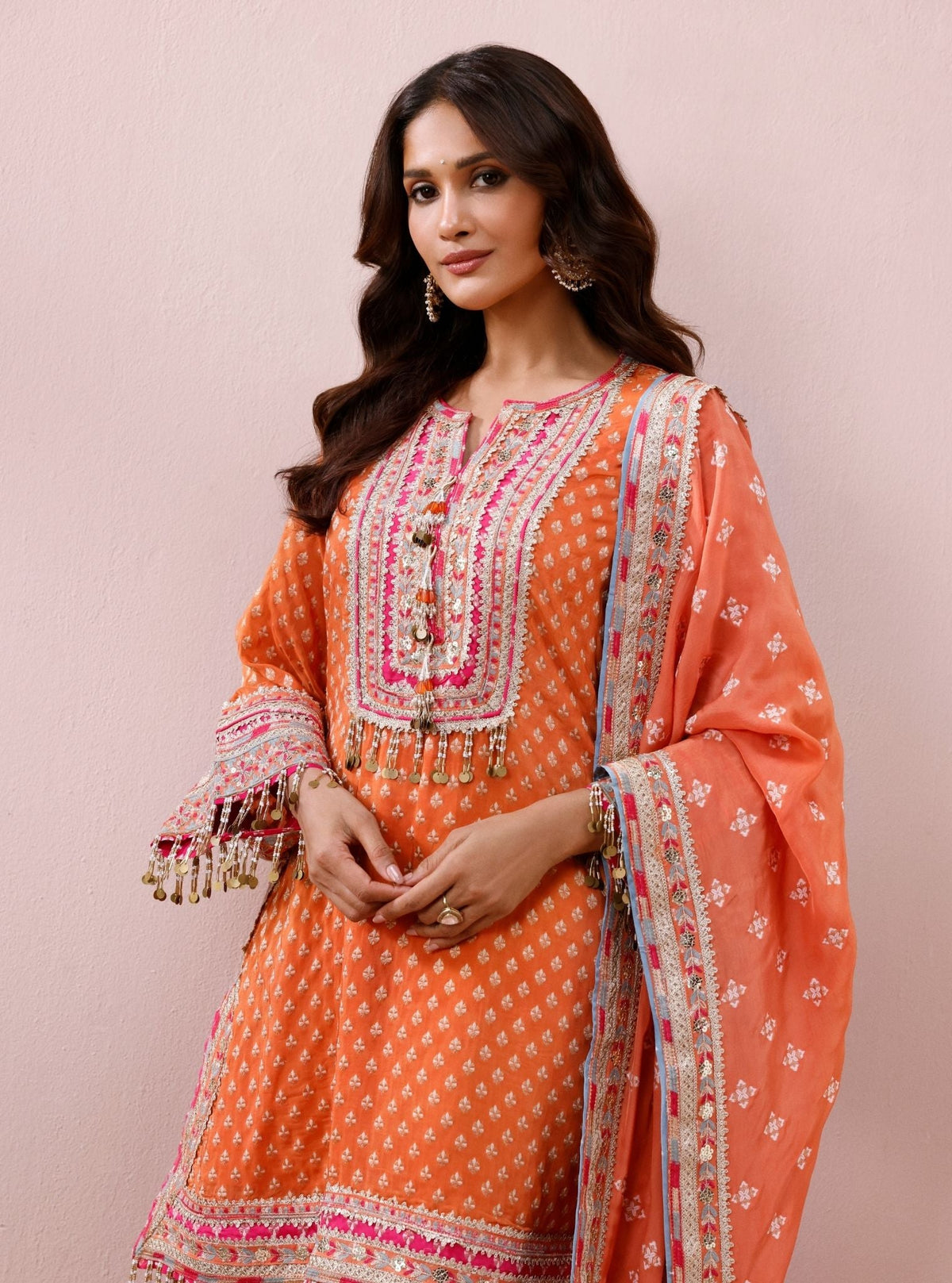 Tila Banarsi Orange Short Kurta with Dhoti Pants
