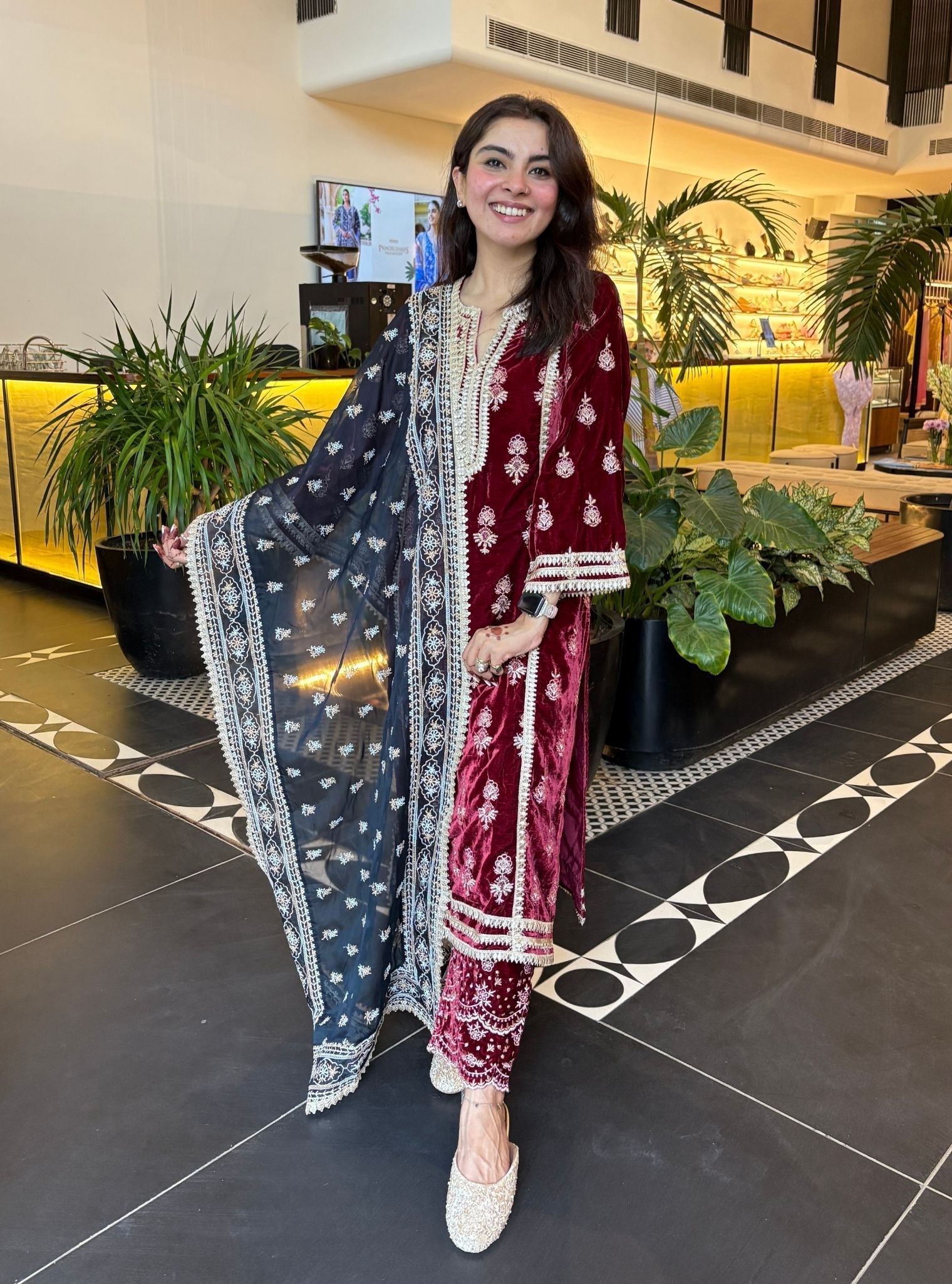 Kumani Velvet Wine Kurta Set