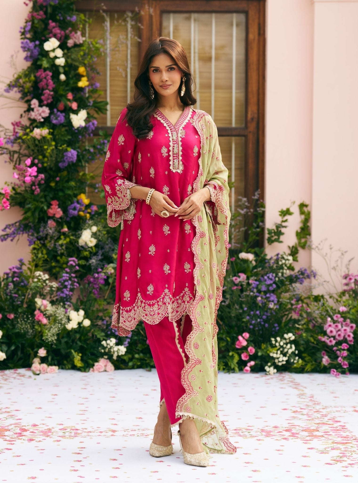 Phulkari Cupro Satin Rani Pink Kurta Set