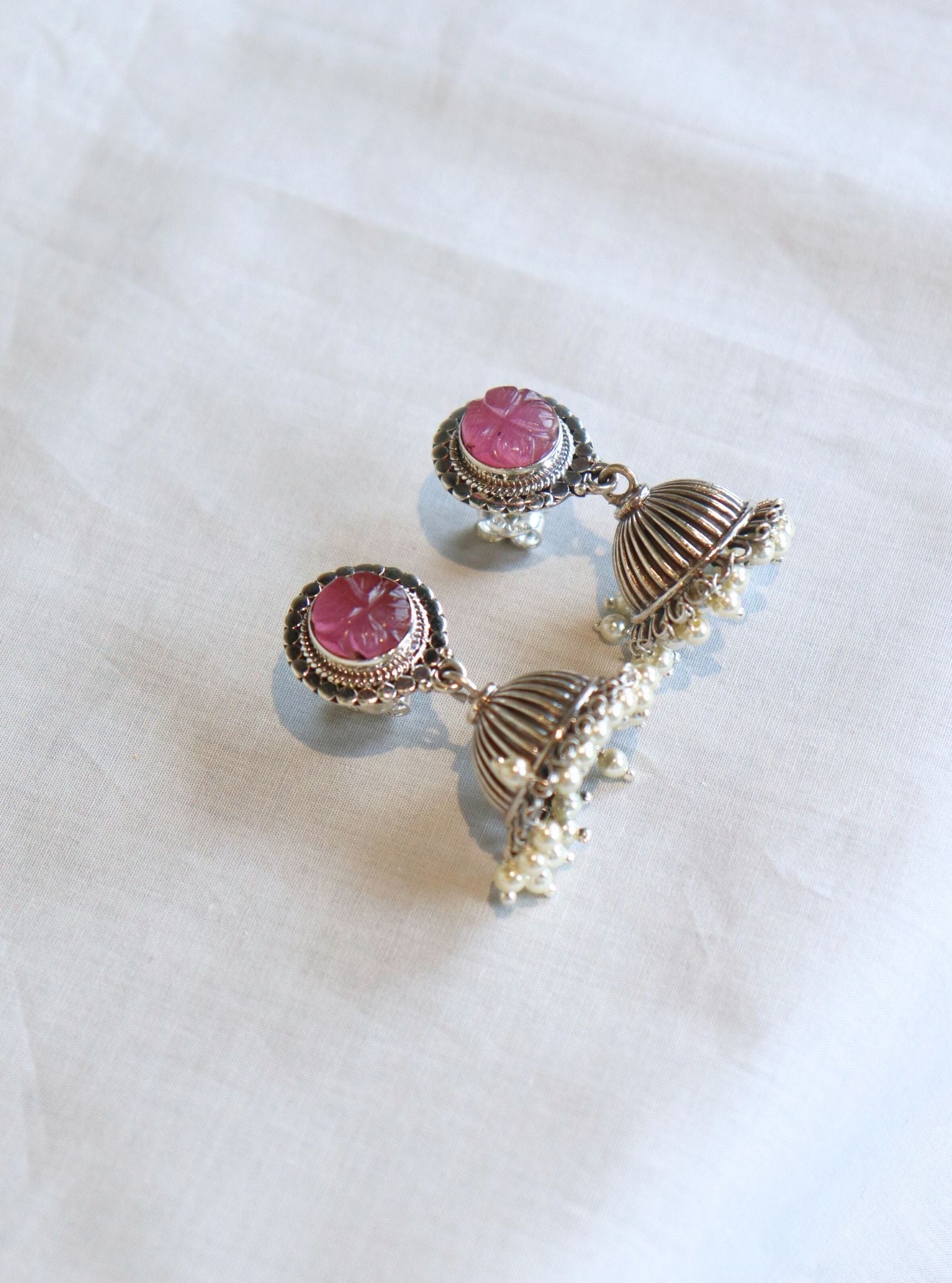 Pure Silver Saachi Jhumki Pink
