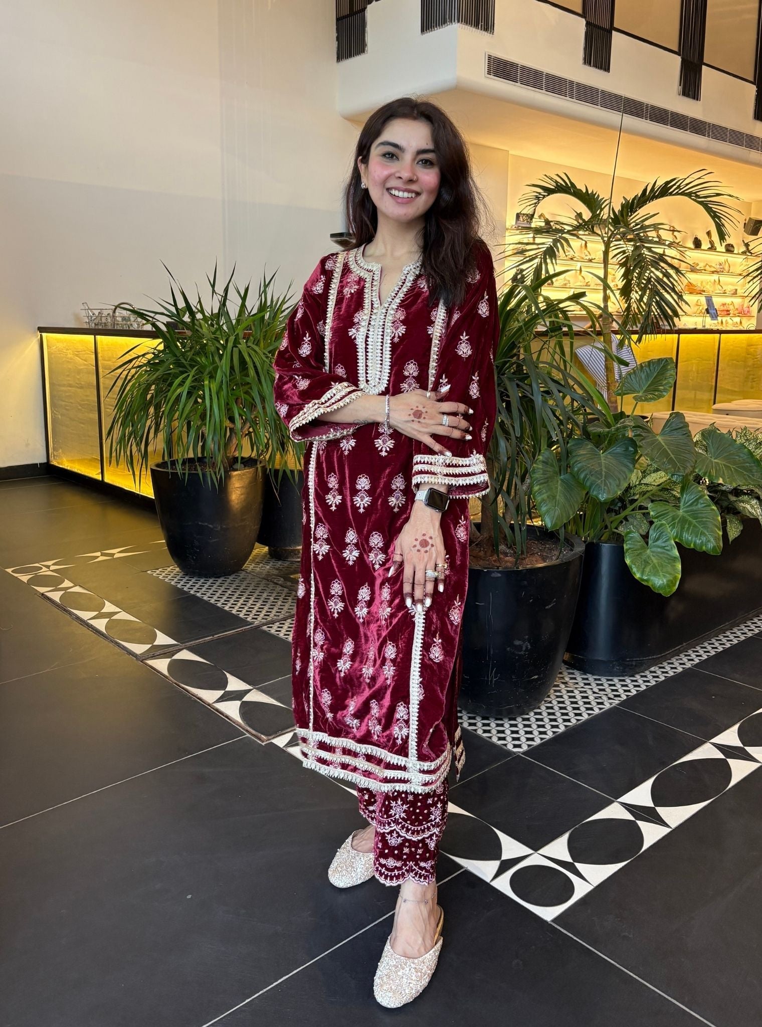 Kumani Velvet Wine Kurta Set