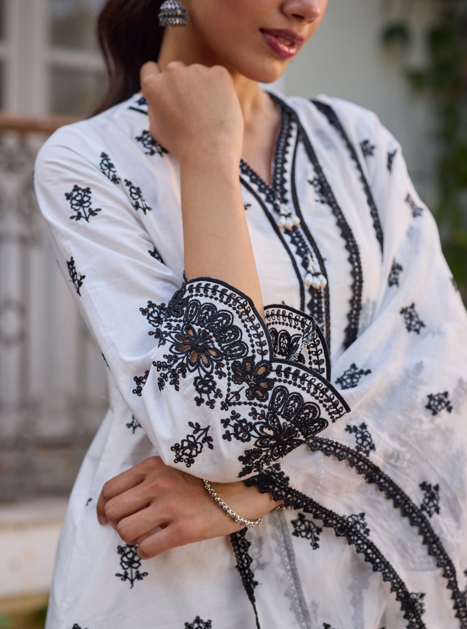 Leniya Supima Cotton White & Black Kurta Set