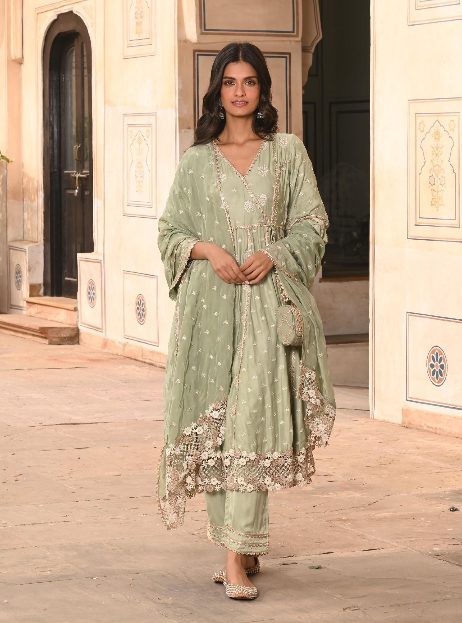 Chaiyya Modal Satin Sage Green Anarkali Kurta Set