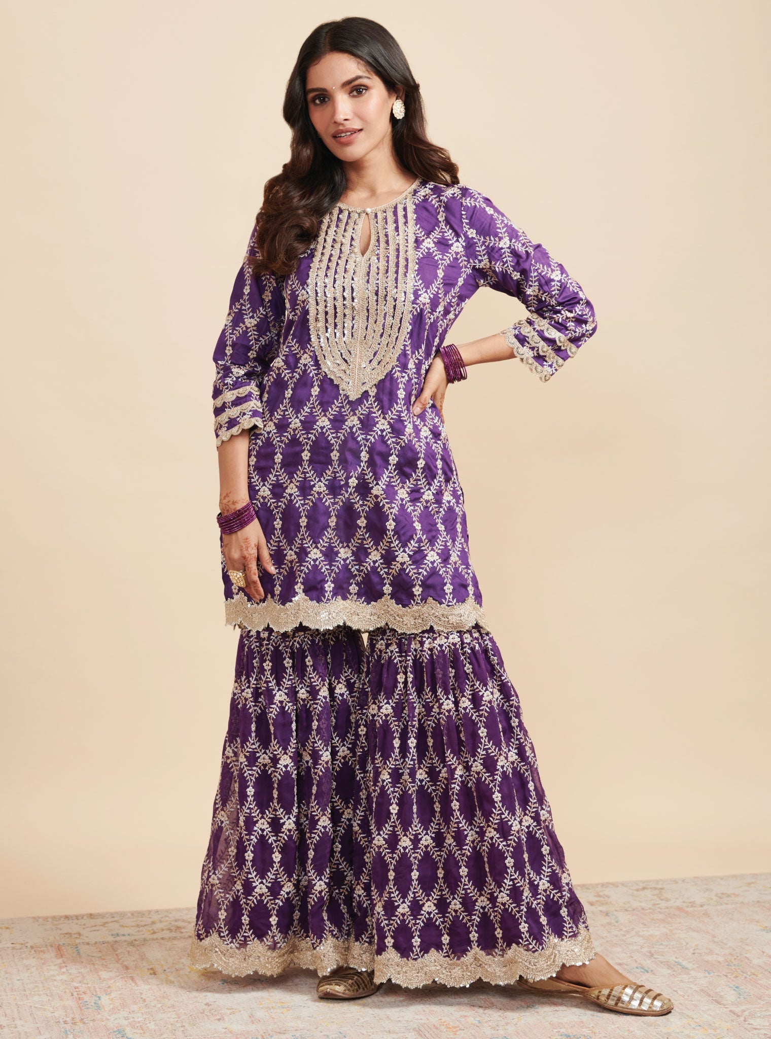 Kajra Silk Purple Short Kurta with Garara Set