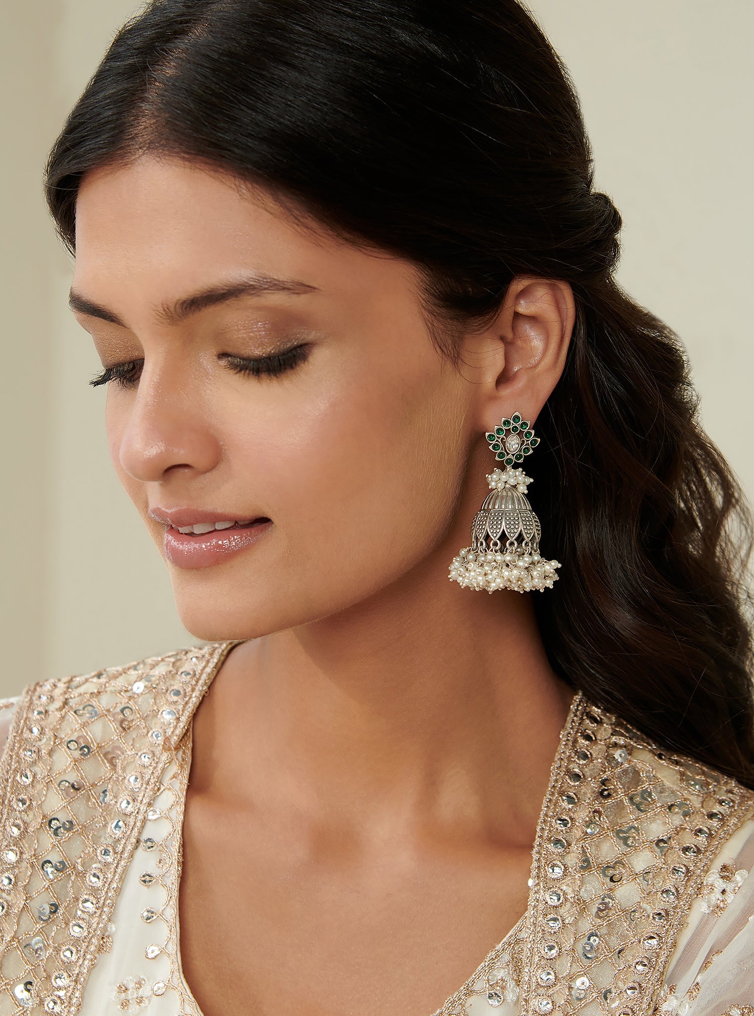 Pure Silver Coral Bell Pearl Jhumki