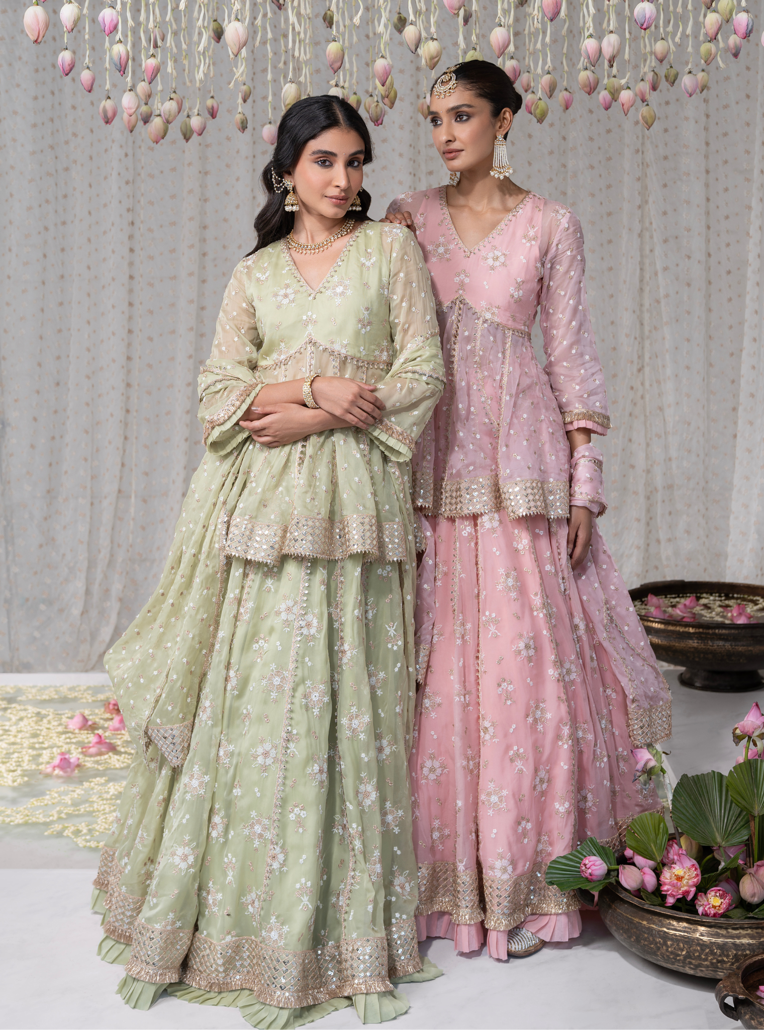 Rajnigandha Organza Short Anarkali Green Kurta with Lehenga Set