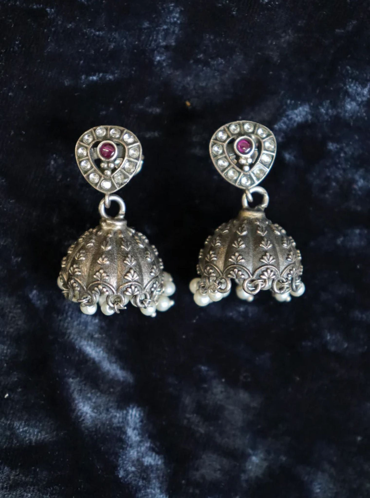 Pure Silver Pink Stone Tribal Jhumka
