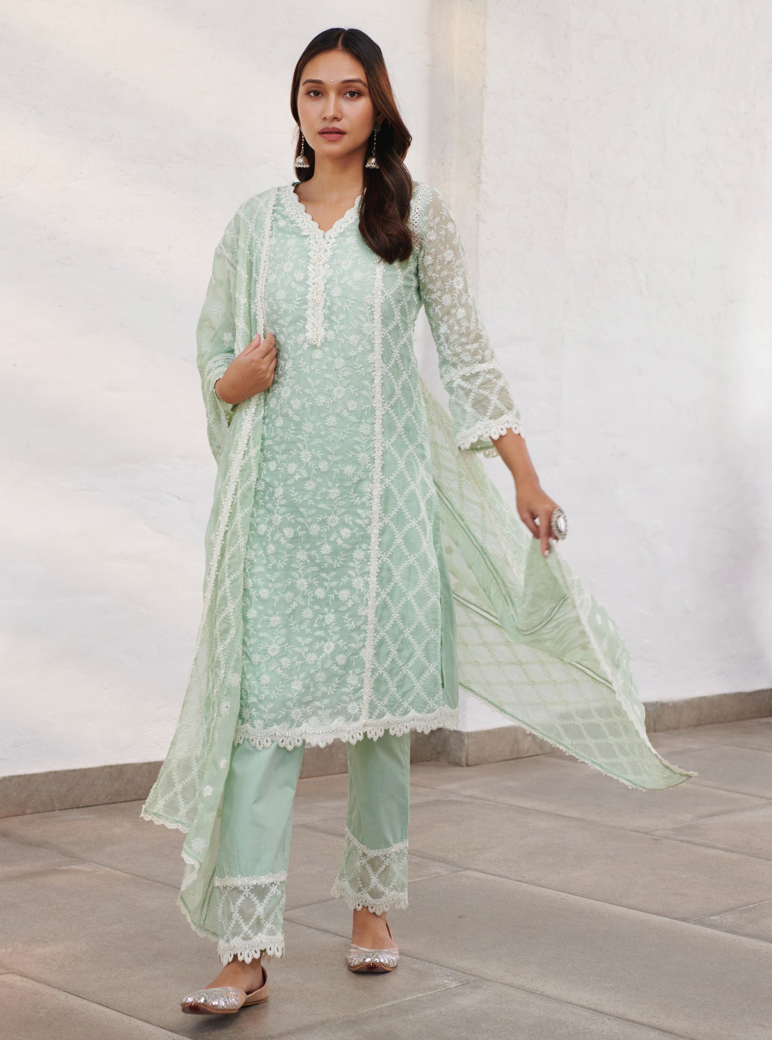 Sunderland Organza Green Kurta Set