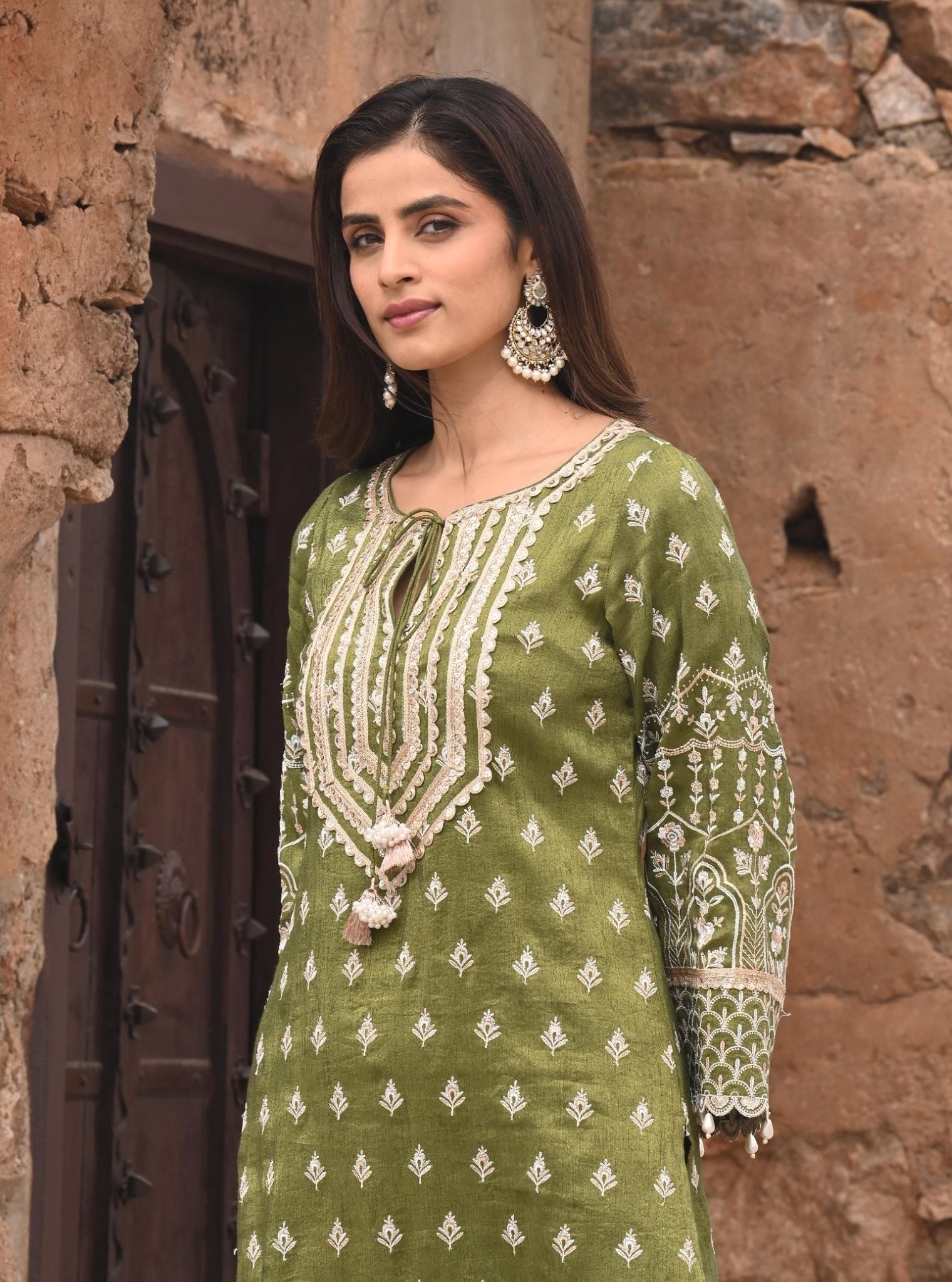 Dholna Luxe Tissue Satin Moss Green Kurta Set