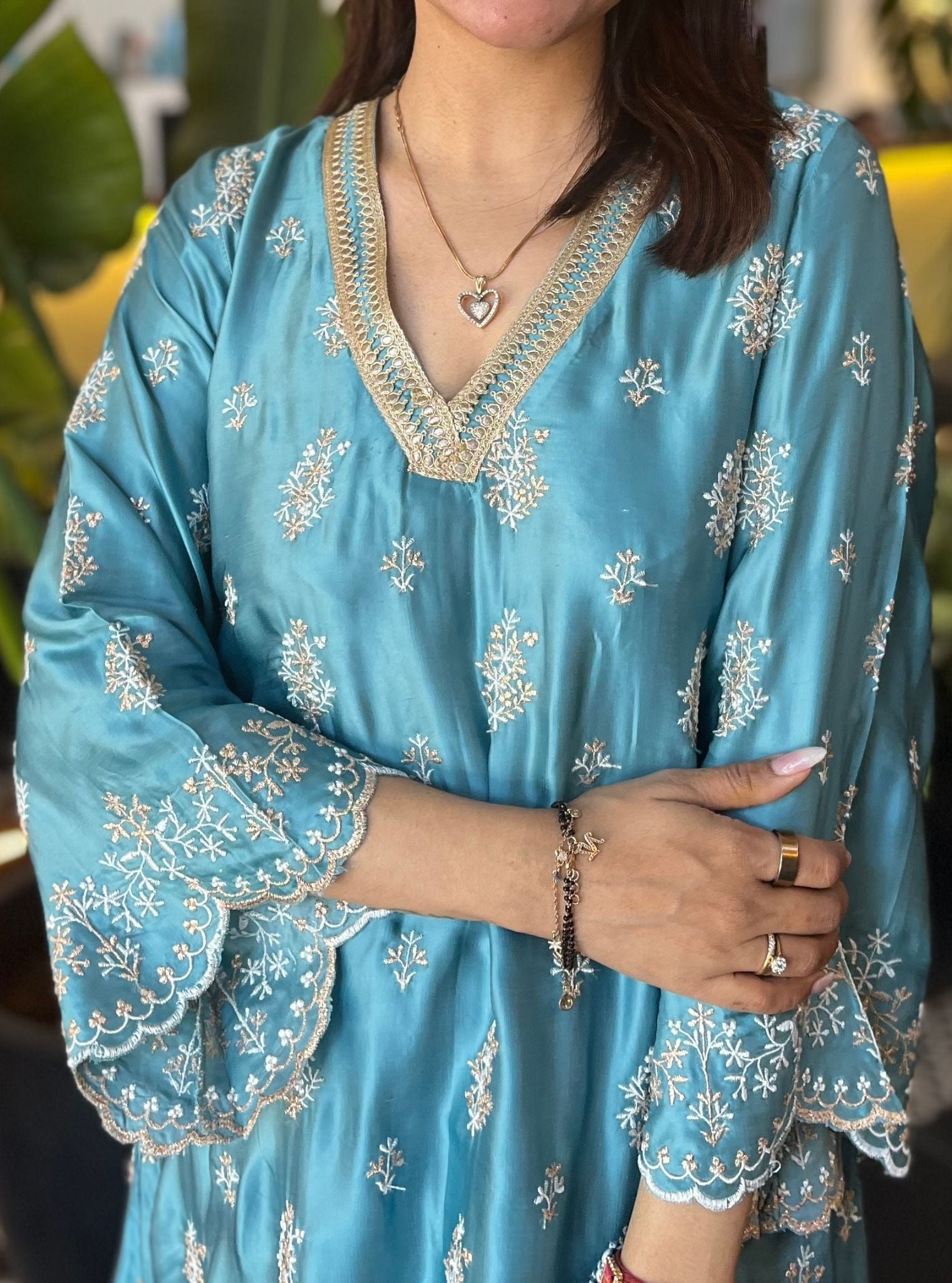 Callaia Cupro Satin Teal Blue Kurta Set