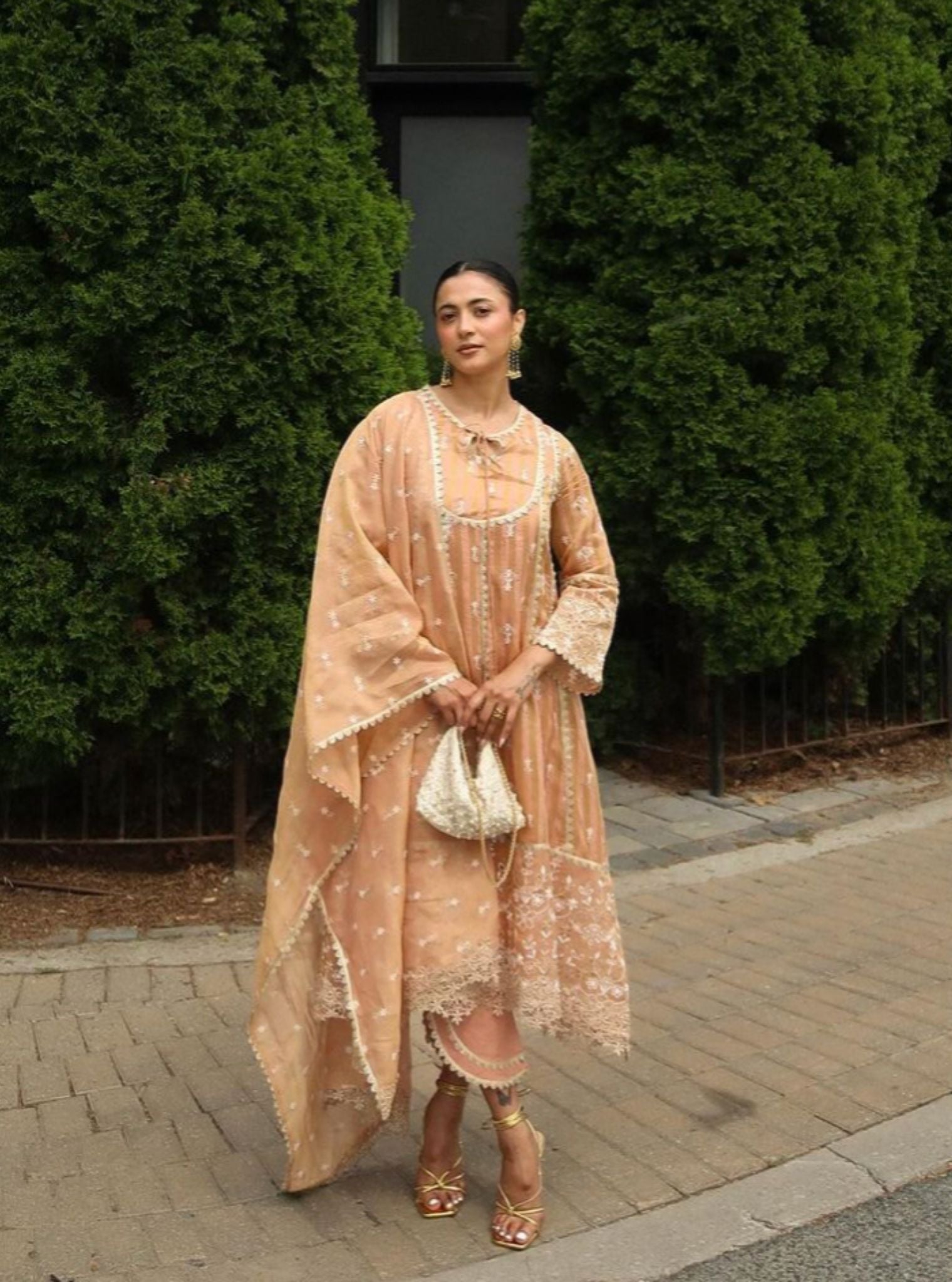 Bridget Banarsi Peach Anarkali Kurta Set