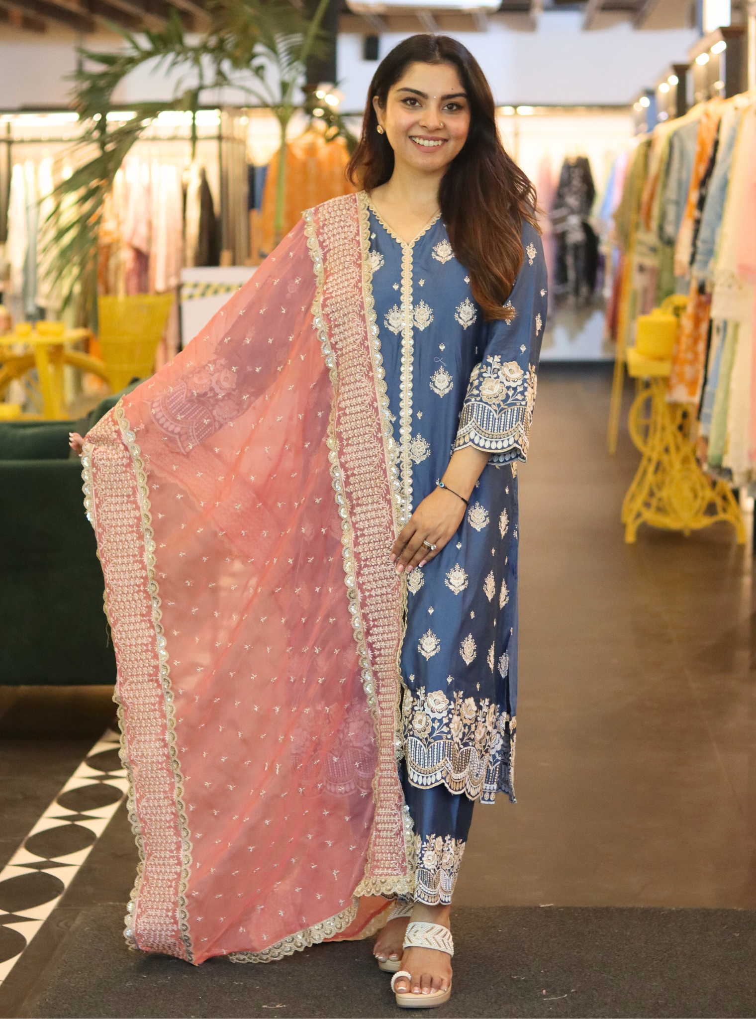 Periyar Pima Satin Navy Kurta Set