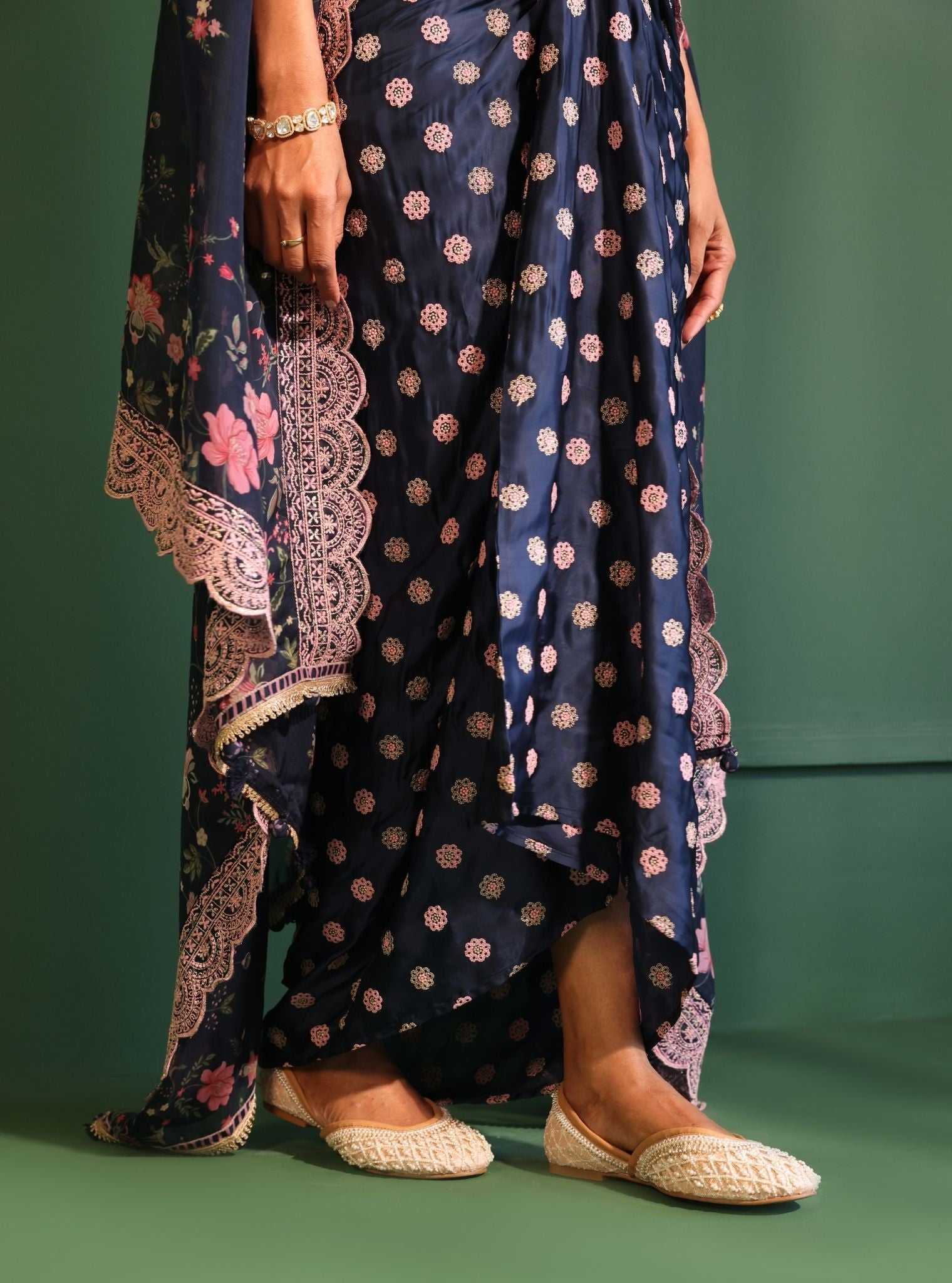 Laila Organza Printed Navy Cape Shrug With Skirt