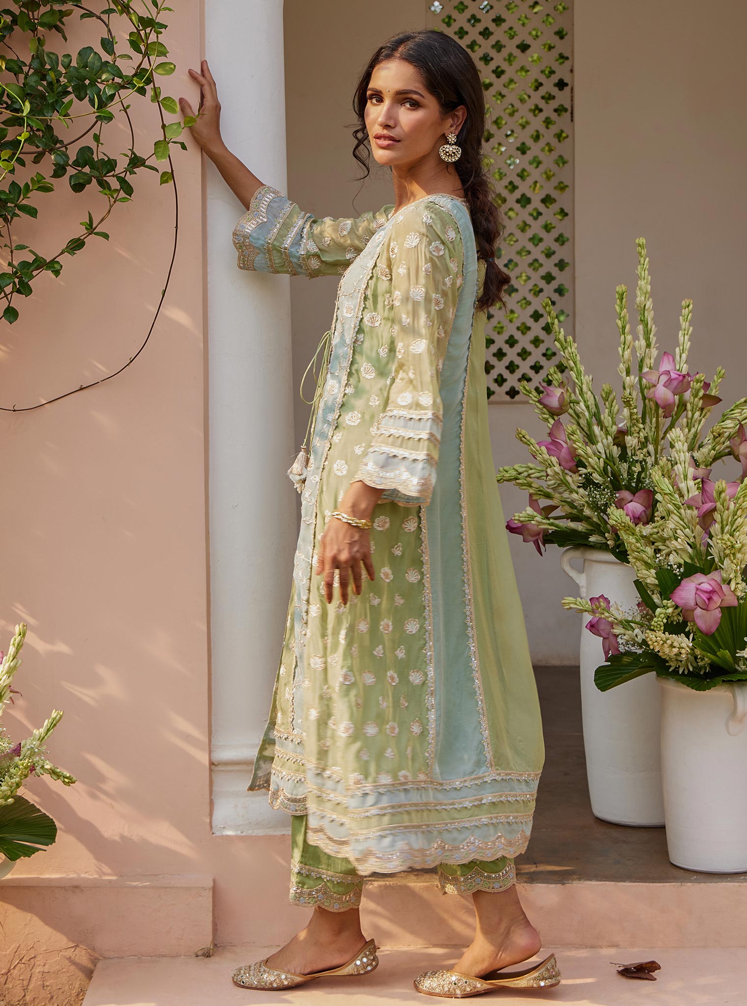 Panya Organza Green Anarkali Kurta Set