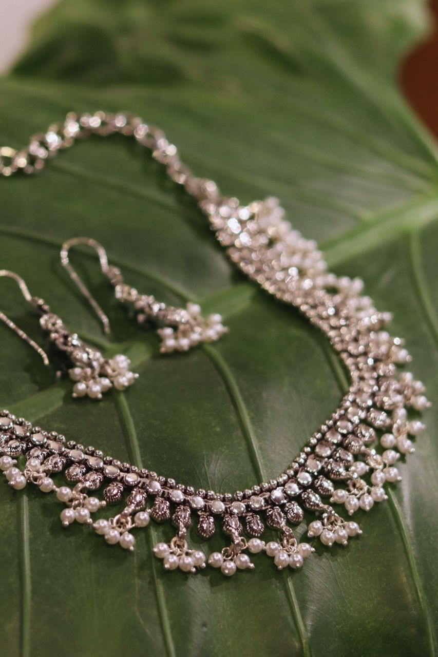Pure Silver Mukta Necklace with Earrings