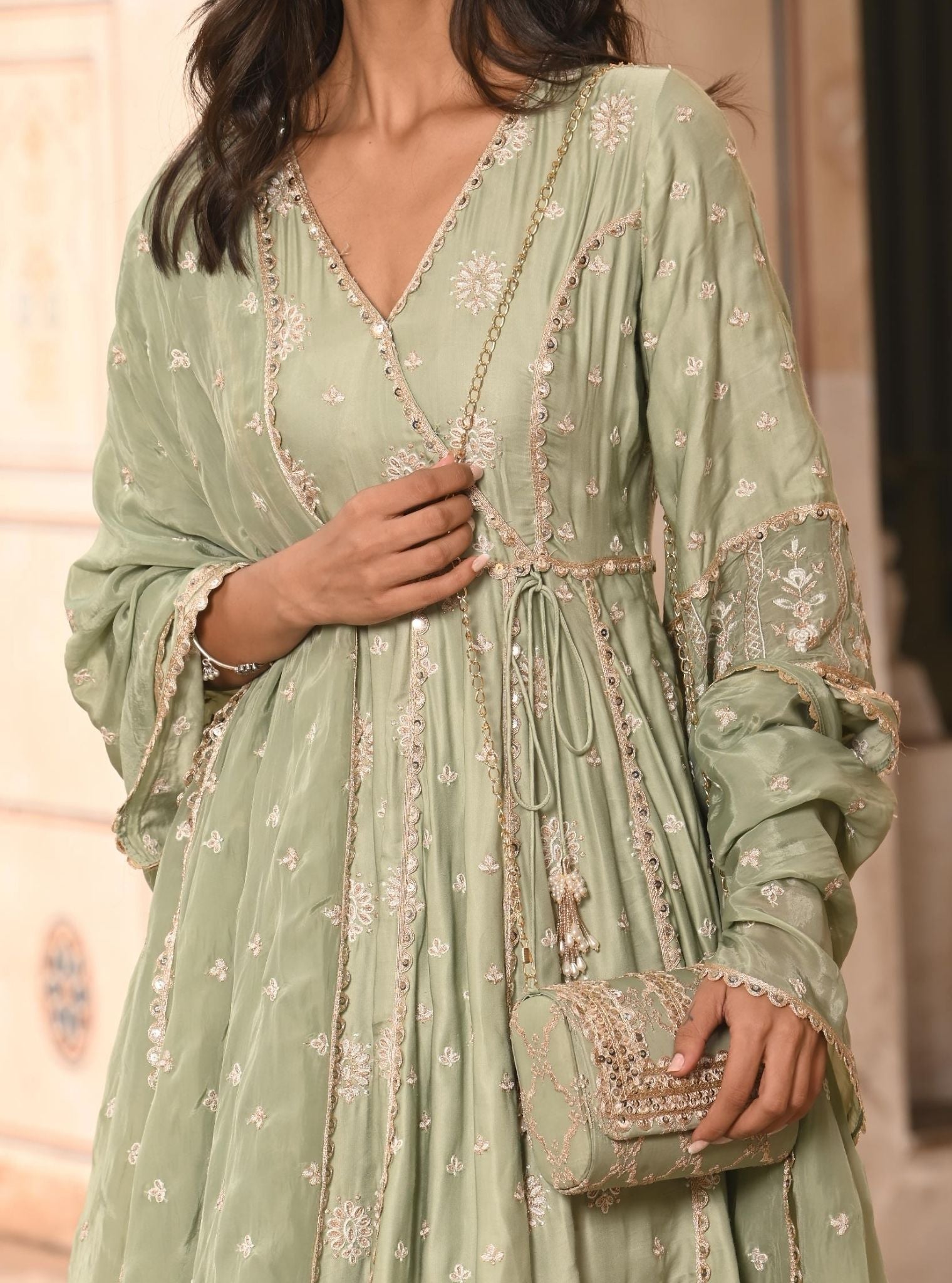 Chaiyya Modal Satin Sage Green Anarkali Kurta Set