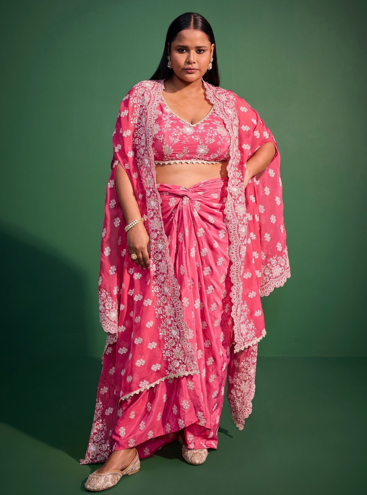 Maya Organza Fuschia Cape Shrug With Skirt