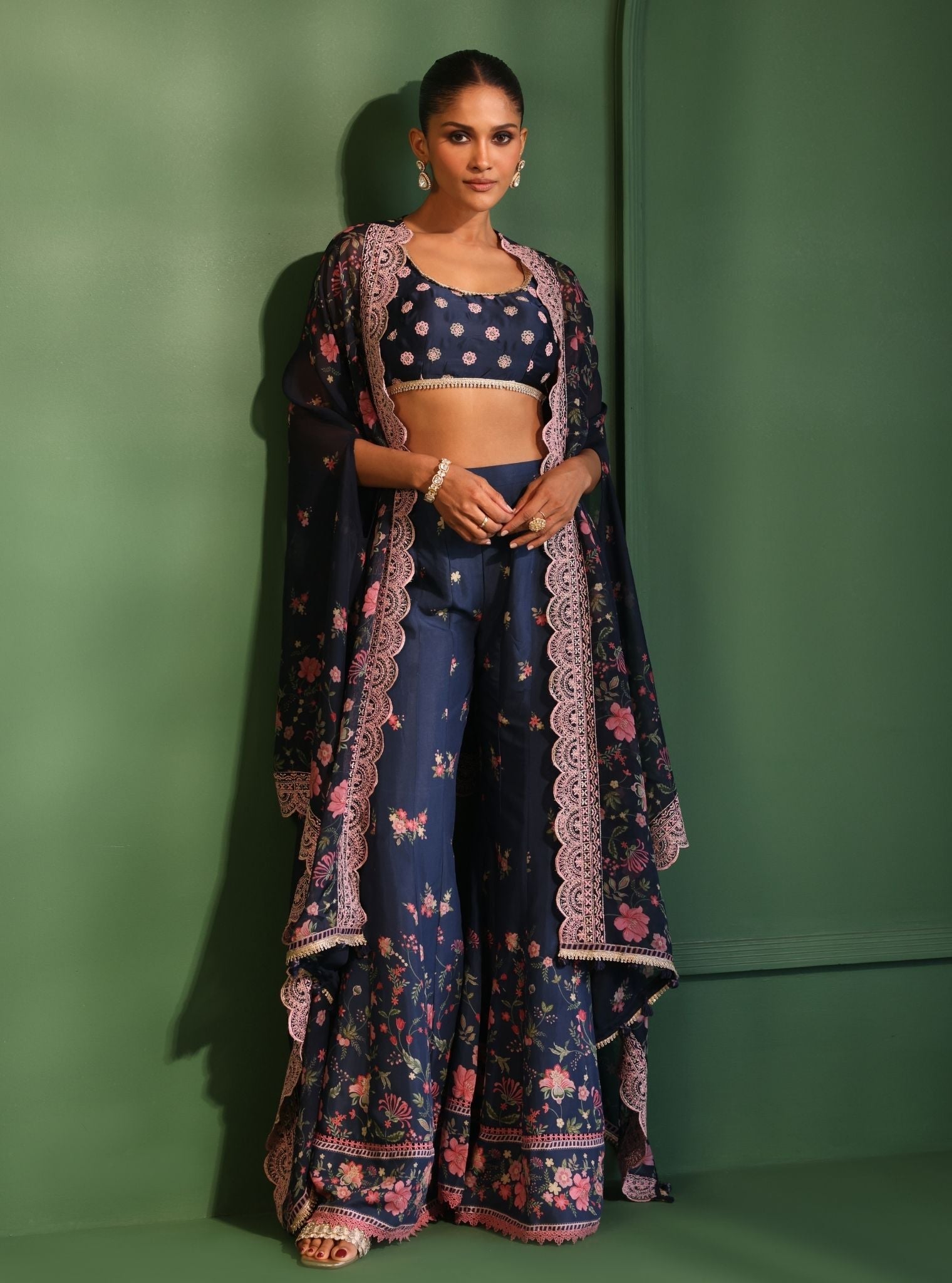 Laila Organza Printed Navy Cape Shrug With Sharara
