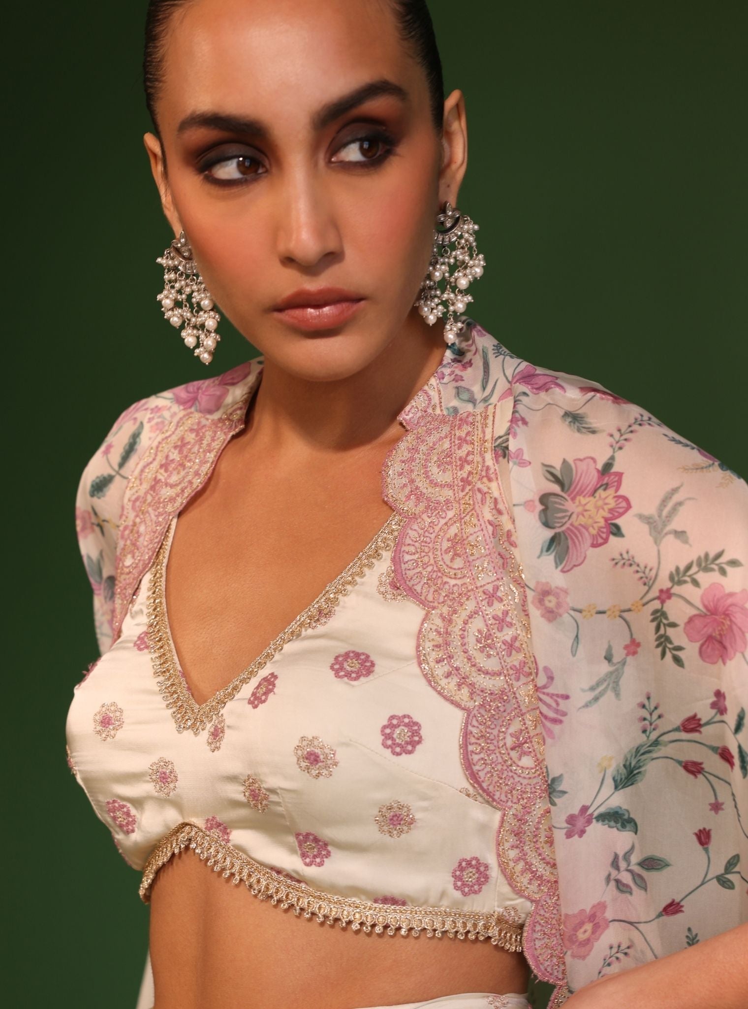 Laila Organza Printed Off White Cape Shrug With Sharara