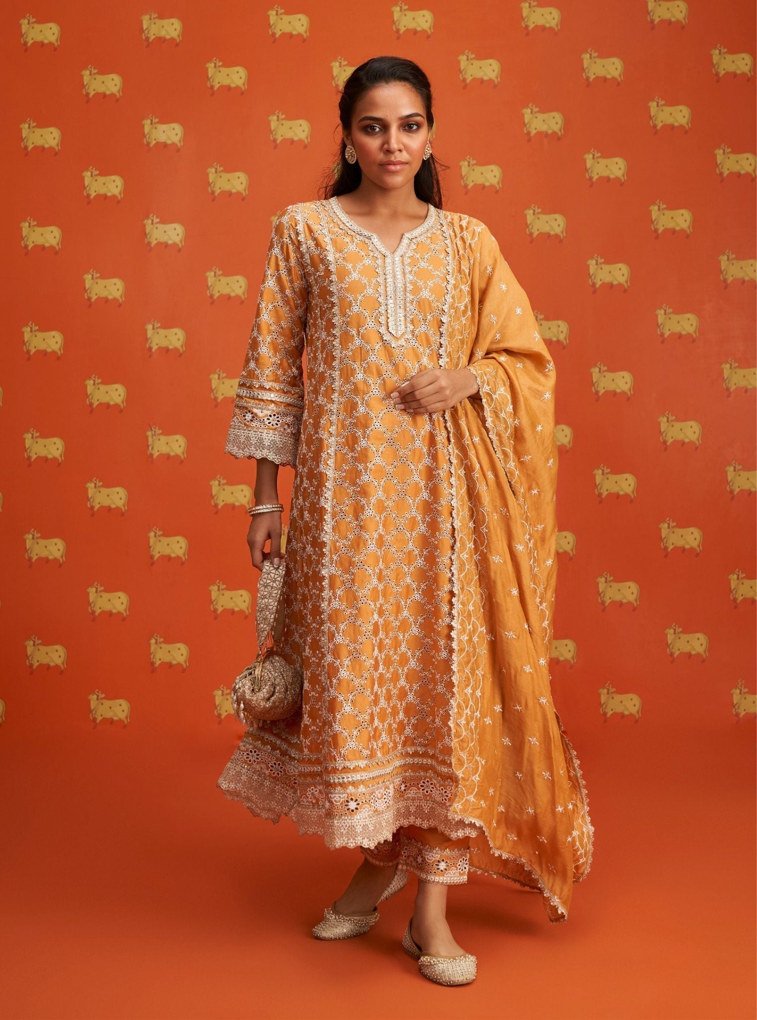 Caem Pima Satin Orange Kurta Set