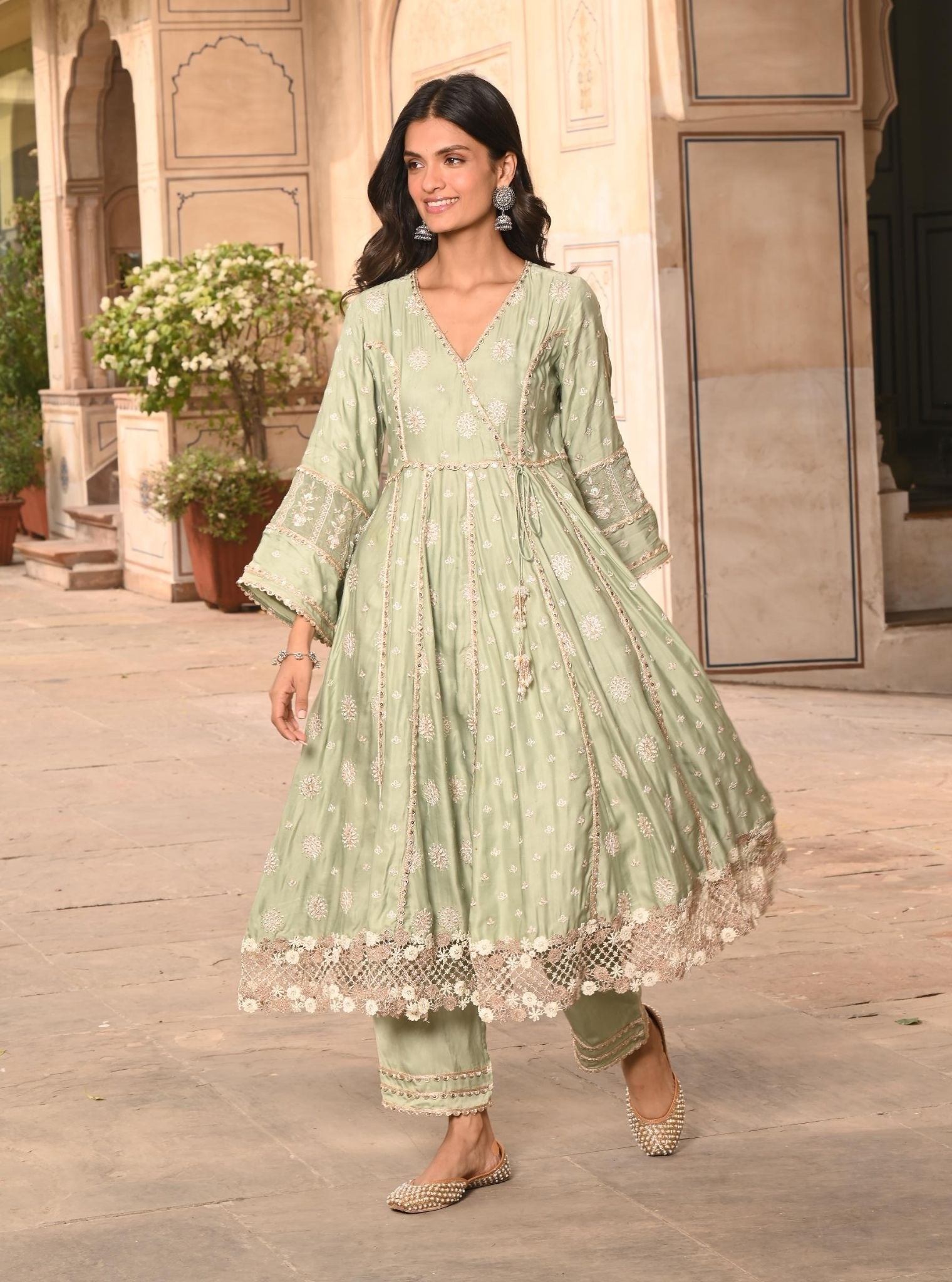 Chaiyya Modal Satin Sage Green Anarkali Kurta Set