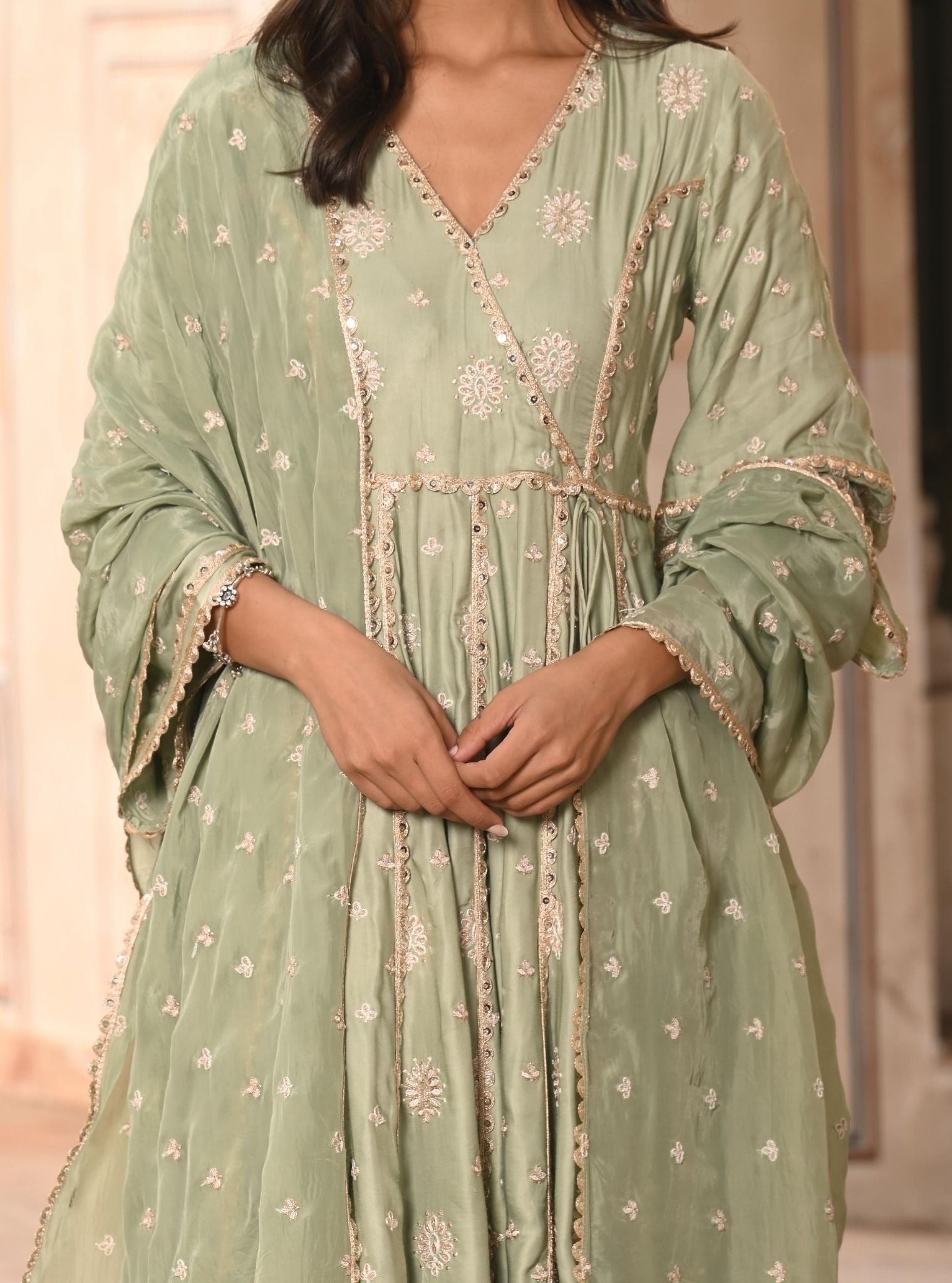 Chaiyya Modal Satin Sage Green Anarkali Kurta Set