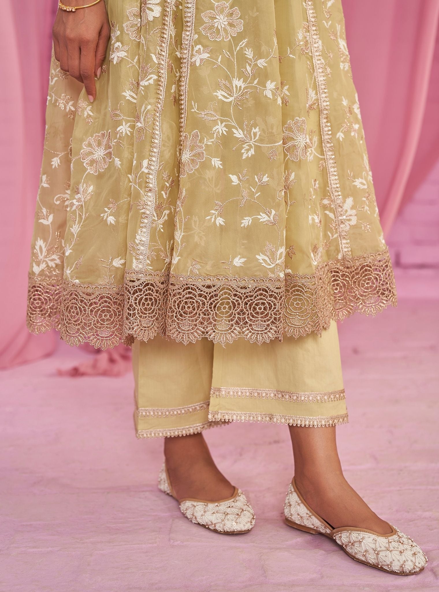 Sharvi Organza Lime Green Anarkali Kurta Set