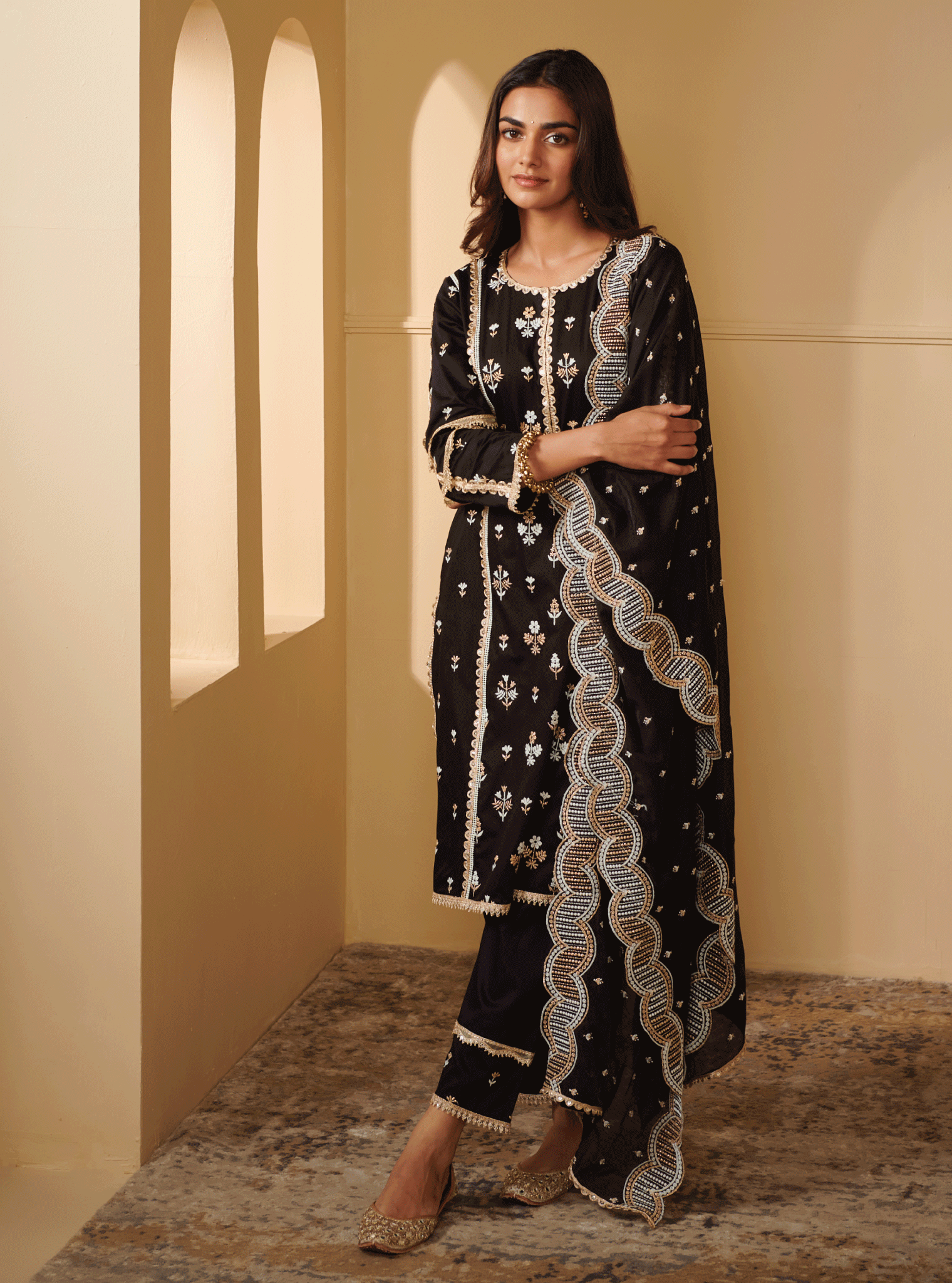 Kaveri Pima Satin Black Kurta Set