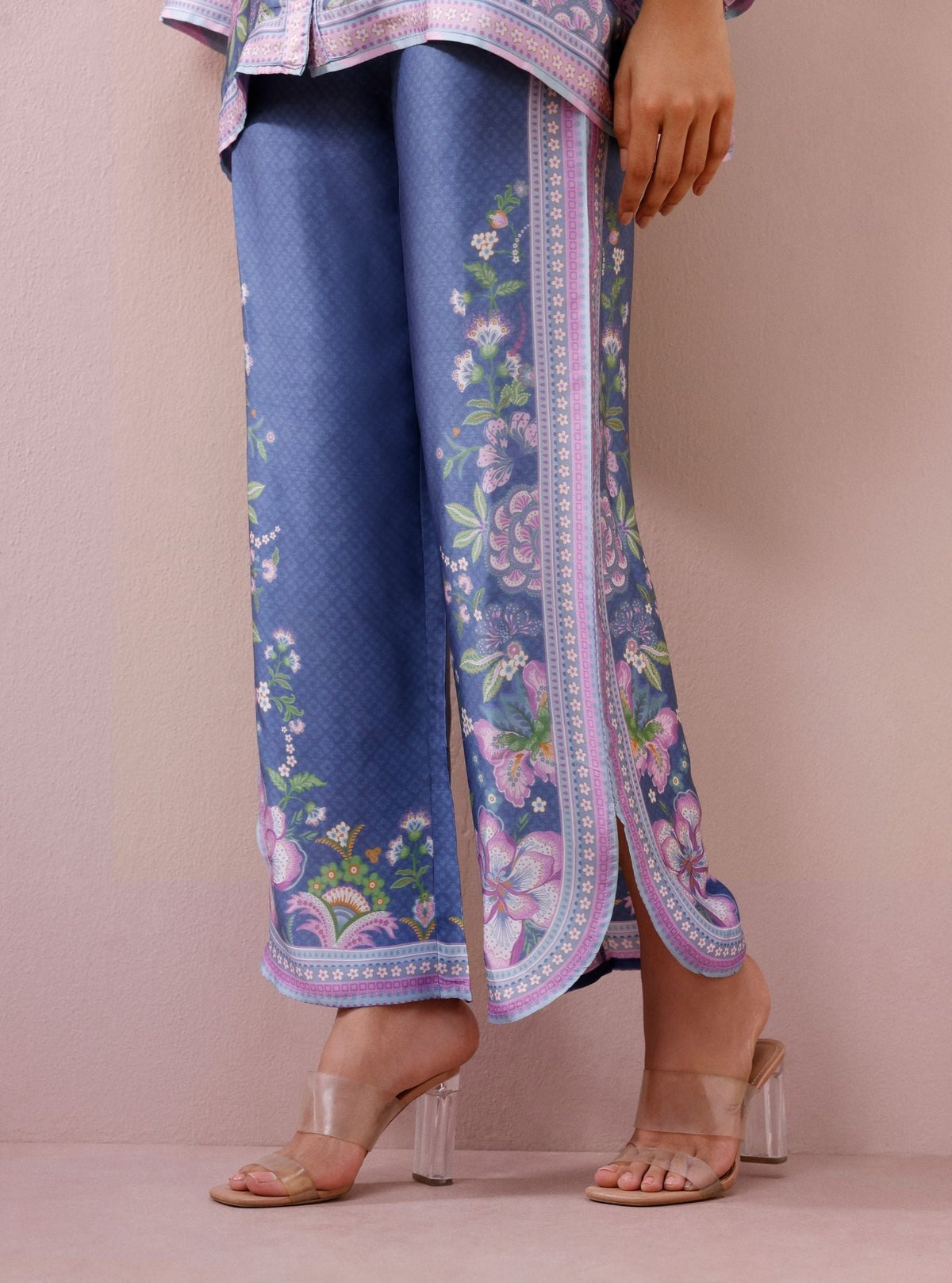 Isola Cupro Satin Printed Steel Blue Co-Ord Set
