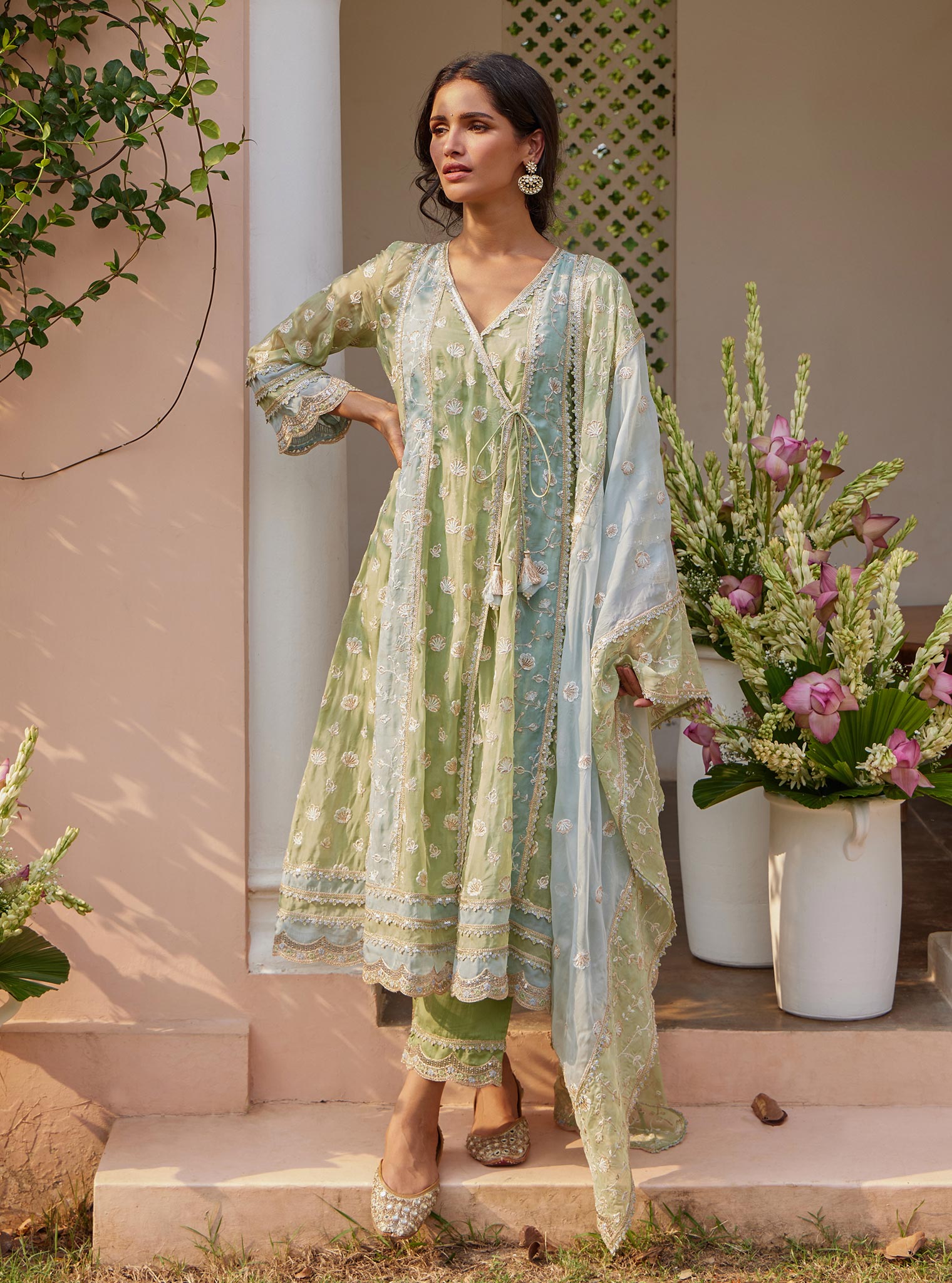 Panya Organza Green Anarkali Kurta Set