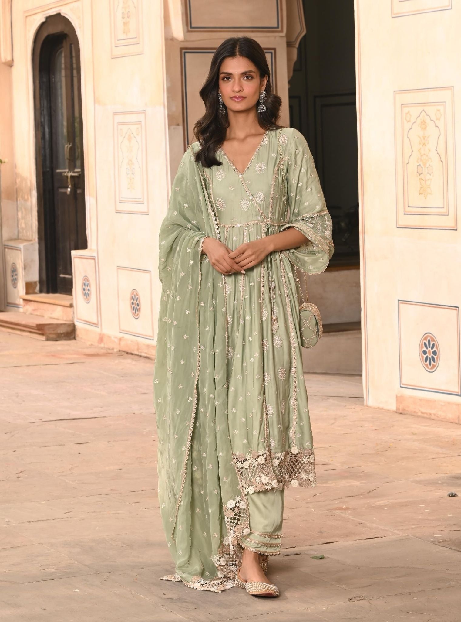 Chaiyya Modal Satin Sage Green Anarkali Kurta Set