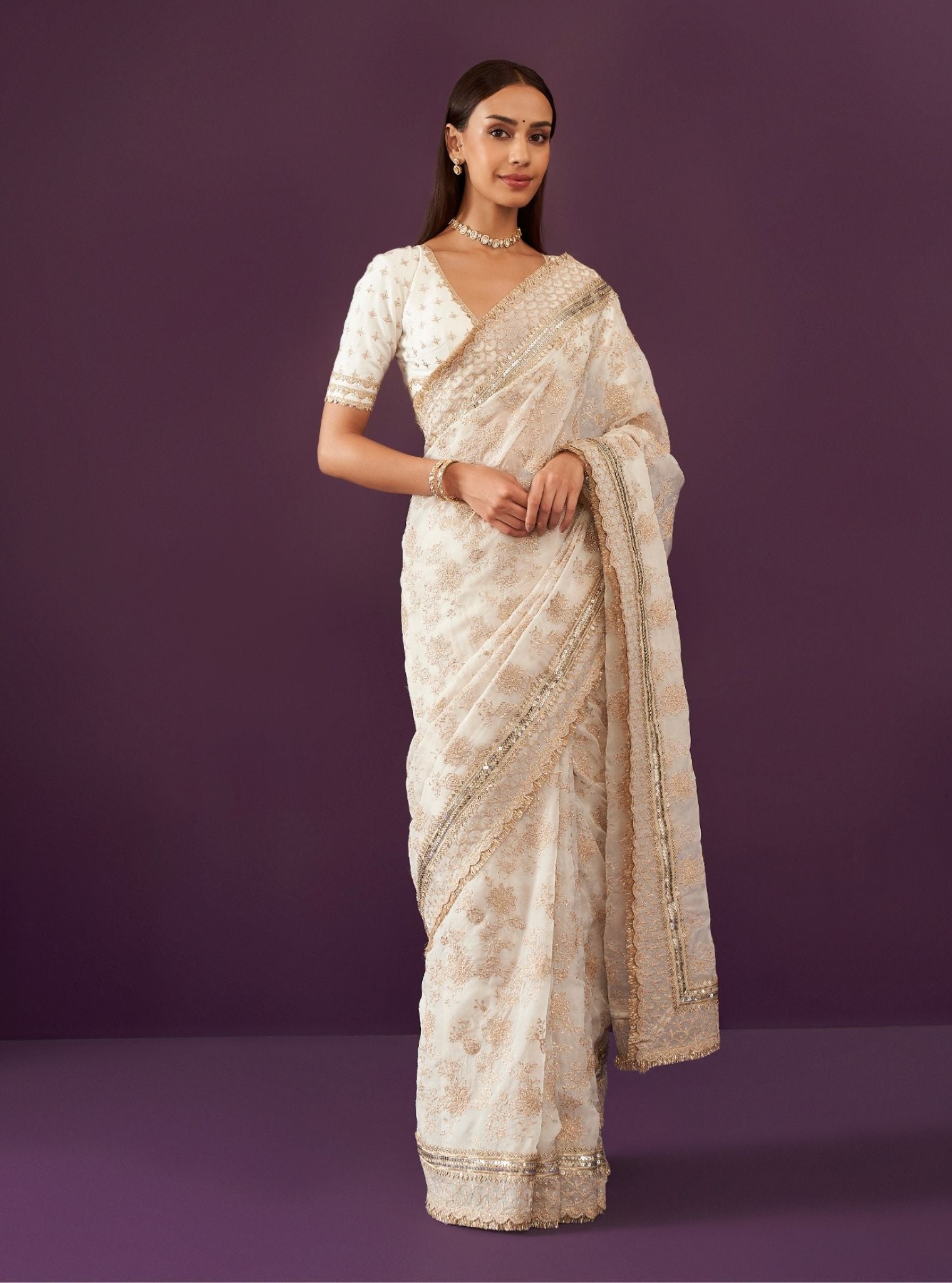 Kamon Organza Off White Saree