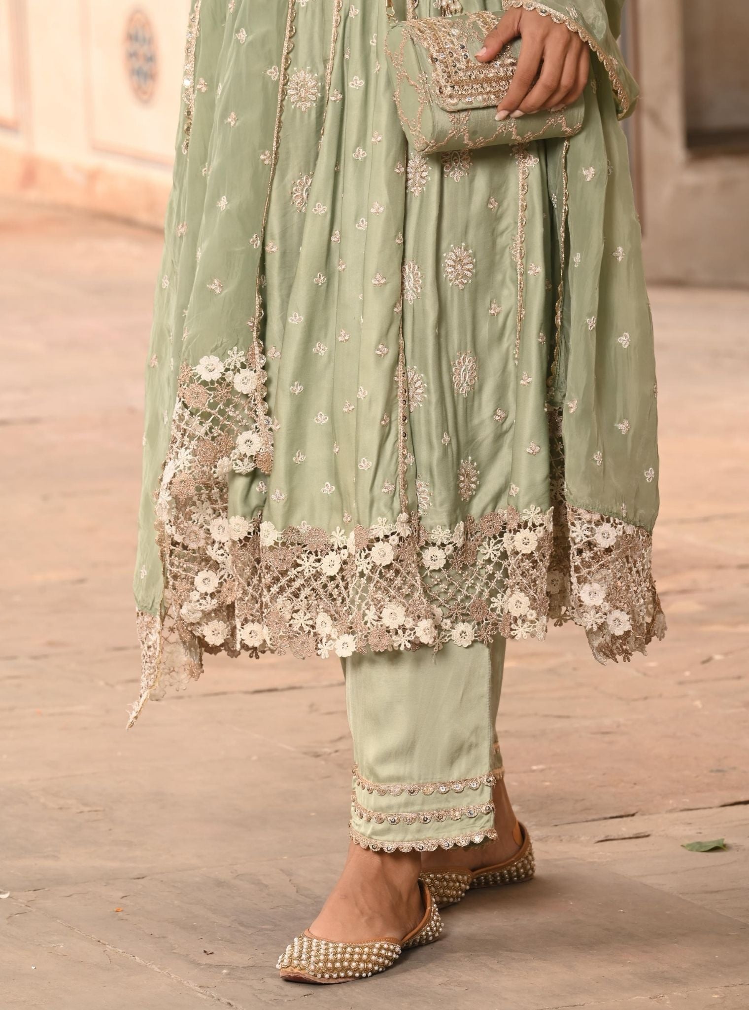 Chaiyya Modal Satin Sage Green Anarkali Kurta Set