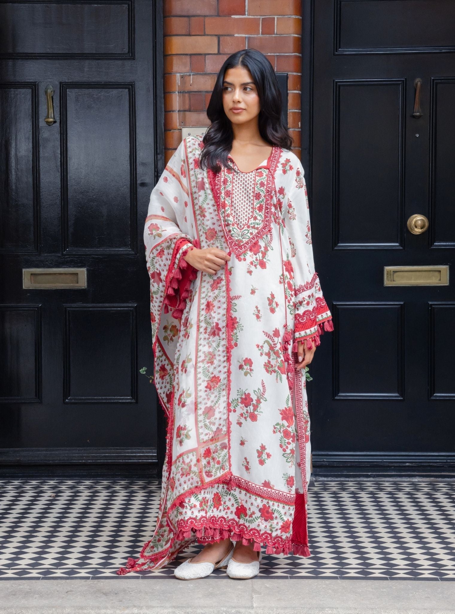 Suvi Lawn Printed Red Kurta Set