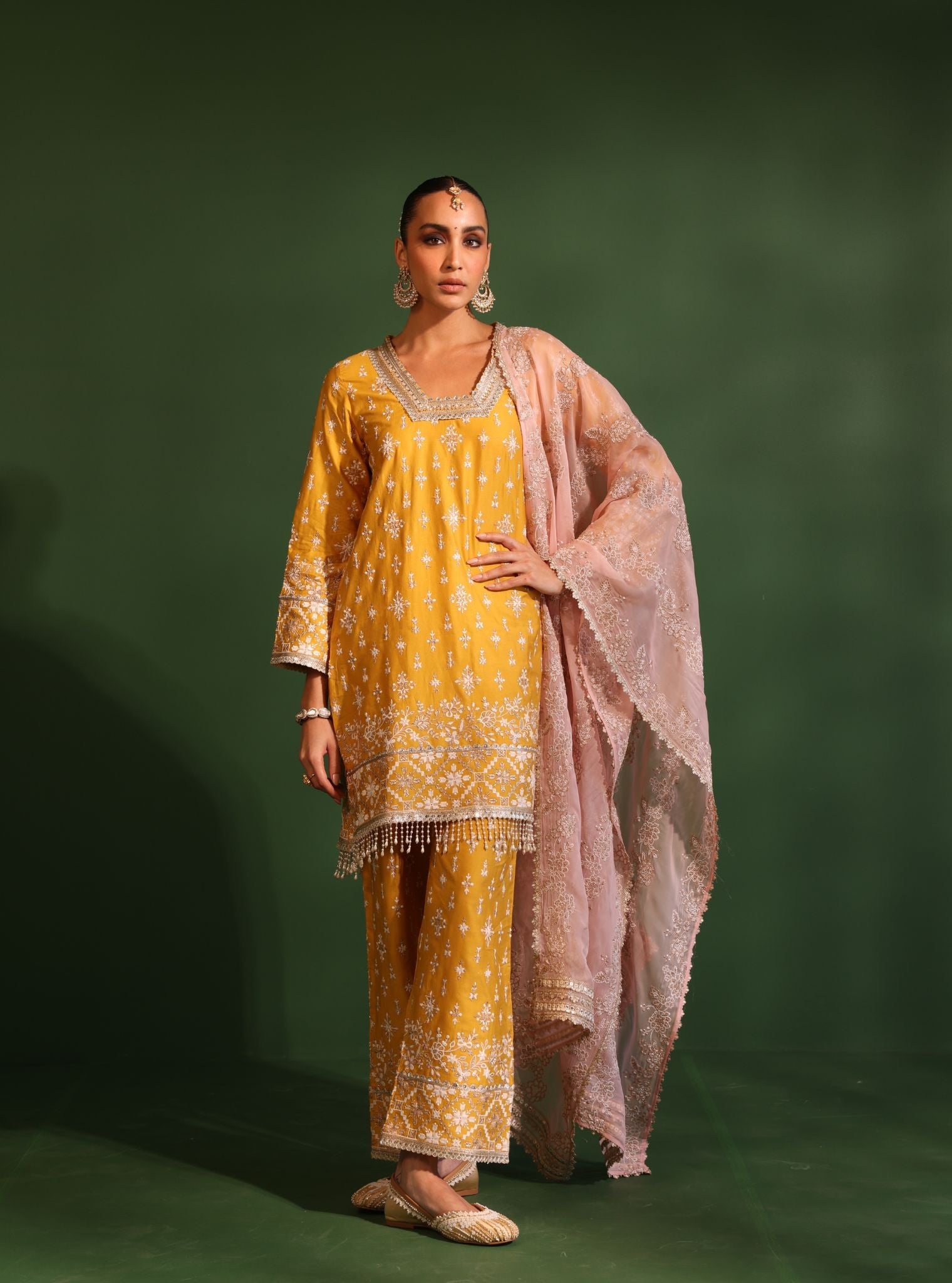 Kalander Pima Satin Yellow Kurta Set