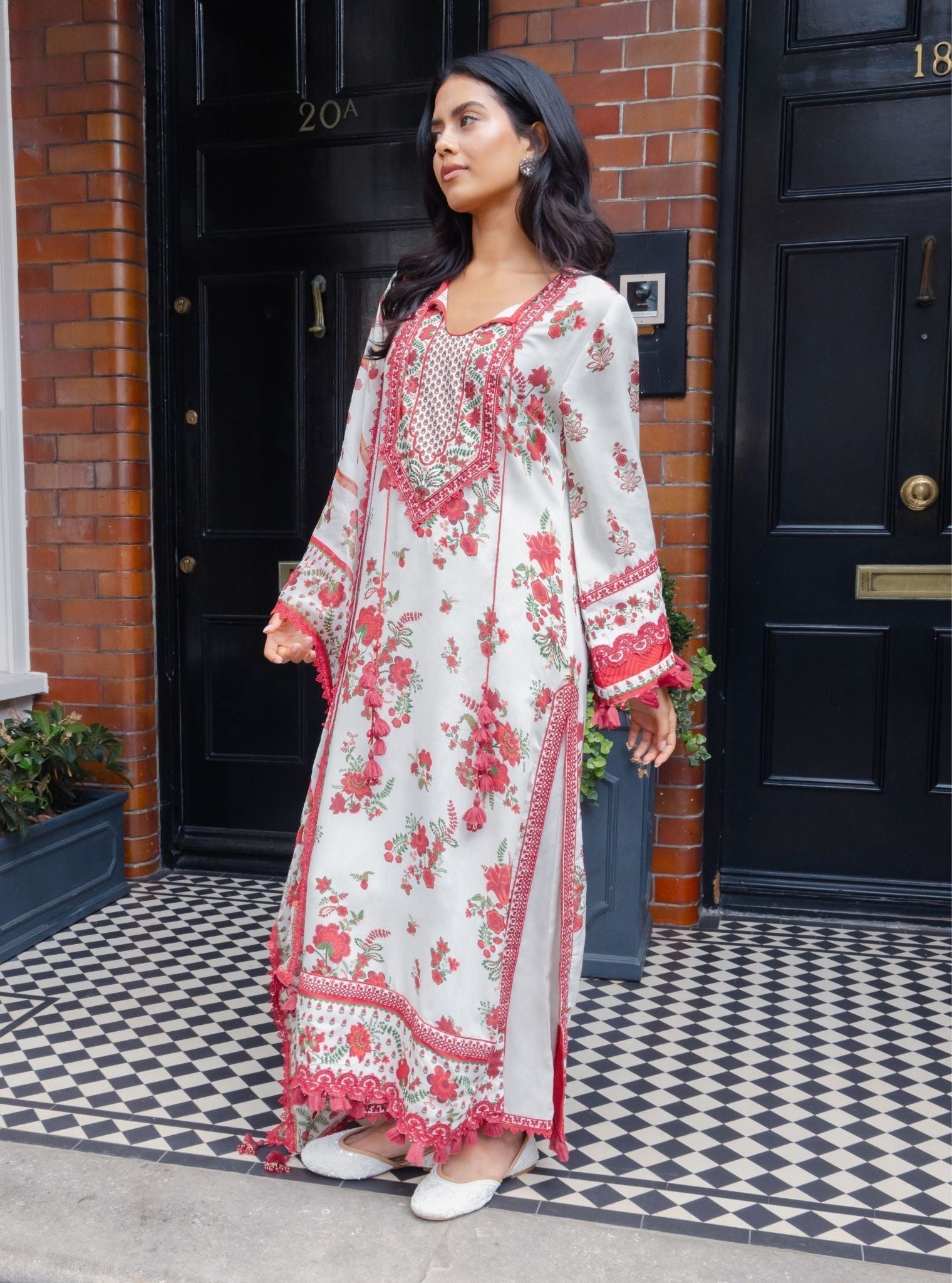 Suvi Lawn Printed Red Kurta Set